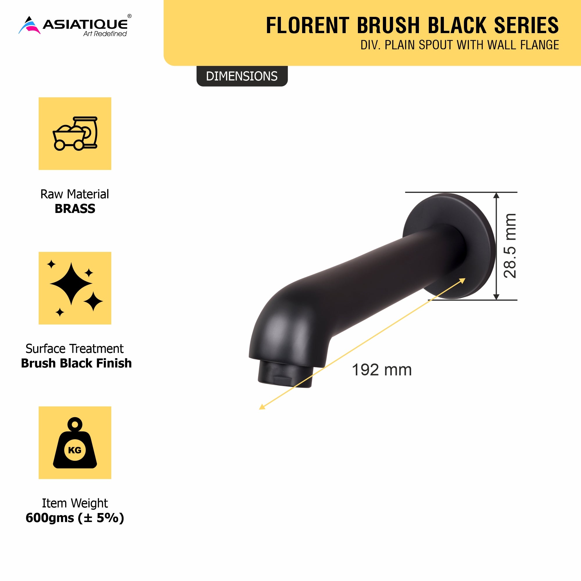Asiatique Div. Plain Spout With Wall Flange (FB-025 M) | Premium Black Brass Bathroom & Kitchen Fittings | Florent Brush Black Series
