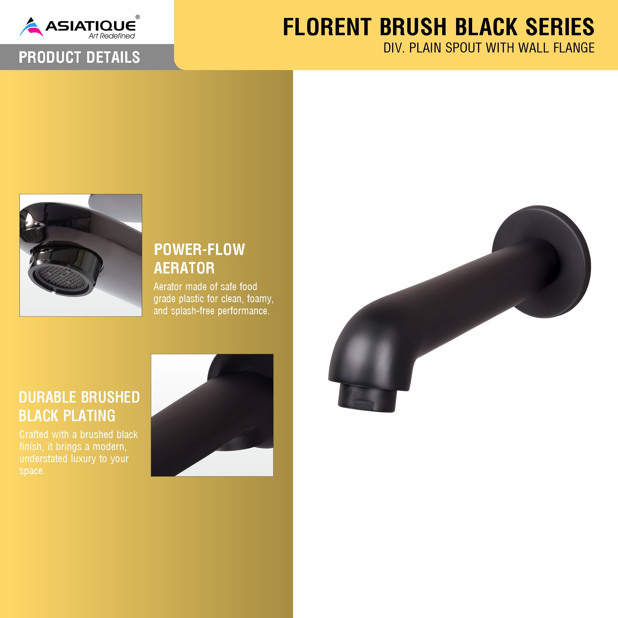 Asiatique Div. Plain Spout With Wall Flange (FB-025 M) | Premium Black Brass Bathroom & Kitchen Fittings | Florent Brush Black Series