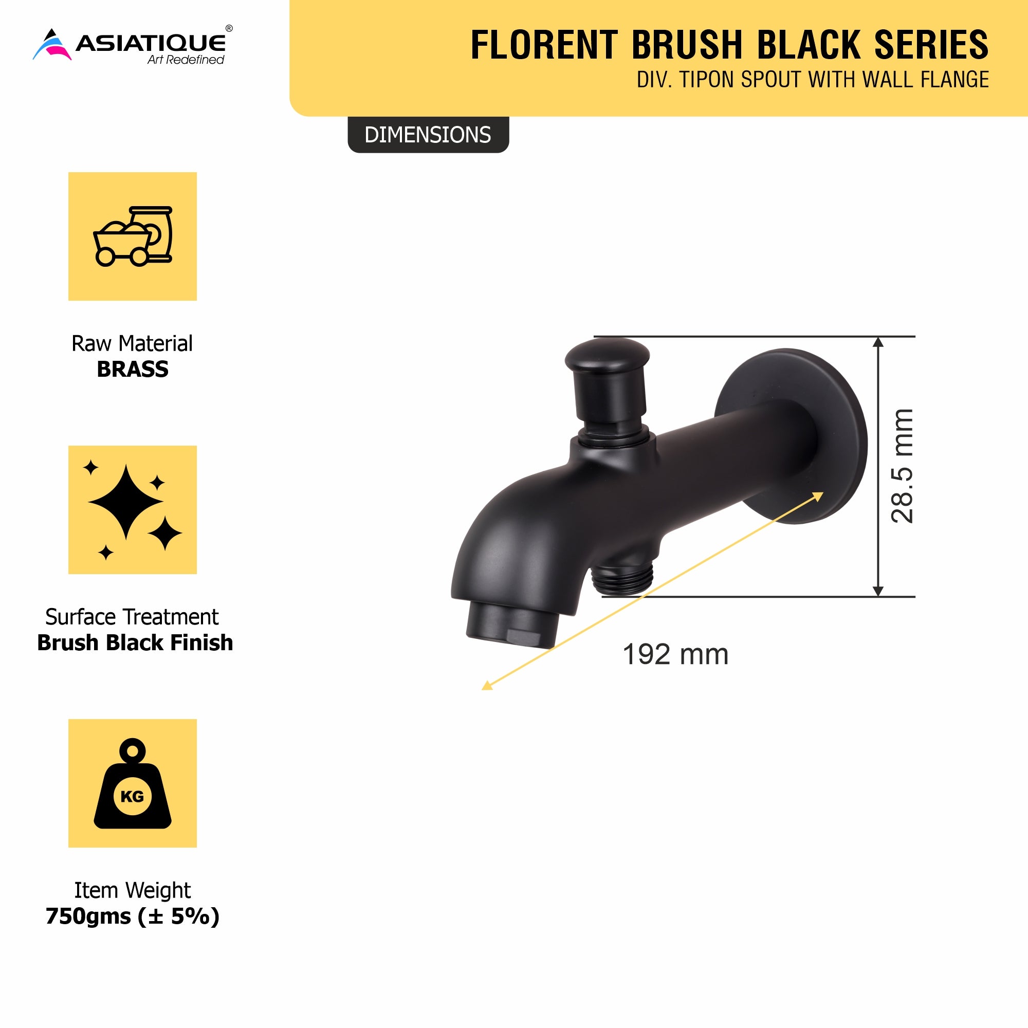 Asiatique Div. Tipon Spout With Wall Flange (FB-026 M) | Premium Black Brass Bathroom & Kitchen Fittings | Florent Brush Black Series