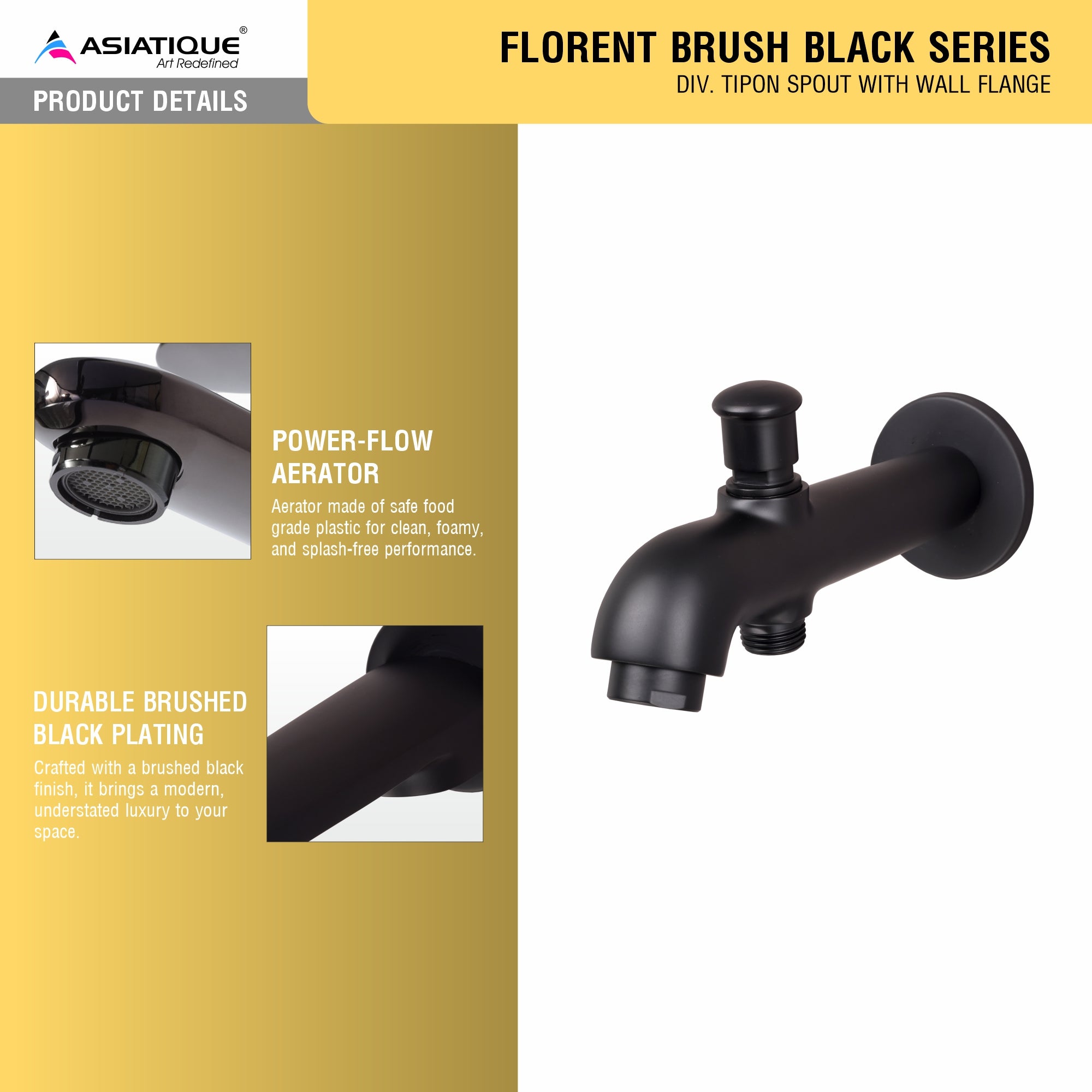 Asiatique Div. Tipon Spout With Wall Flange (FB-026 M) | Premium Black Brass Bathroom & Kitchen Fittings | Florent Brush Black Series