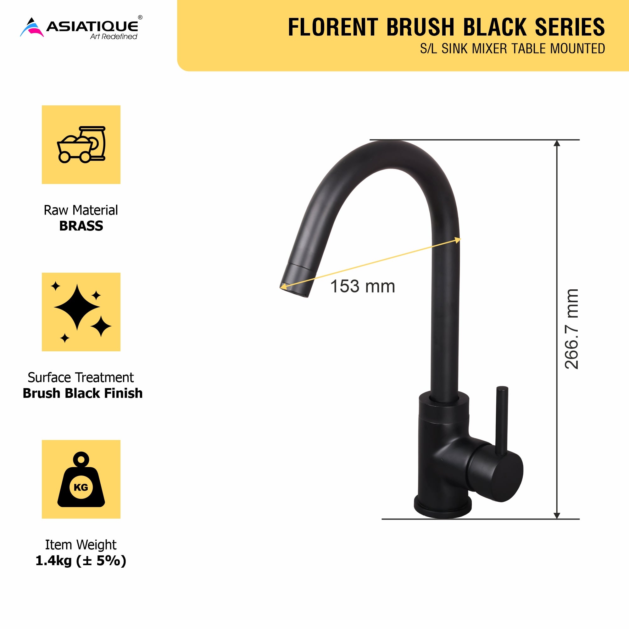 Asiatique S/L Sink Mixer Table Mounted (FB-027 M) | Premium Black Brass Bathroom & Kitchen Fittings | Florent Brush Black Series