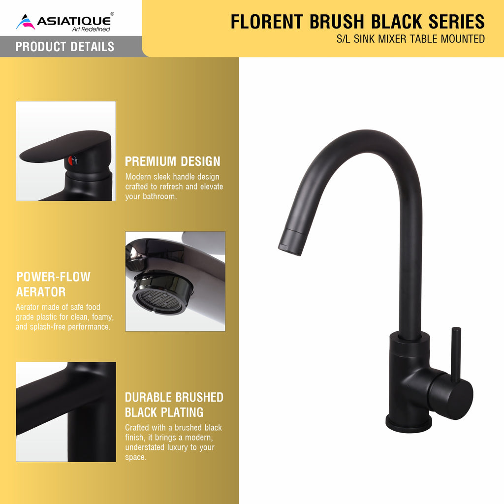 Asiatique S/L Sink Mixer Table Mounted (FB-027 M) | Premium Black Brass Bathroom & Kitchen Fittings | Florent Brush Black Series
