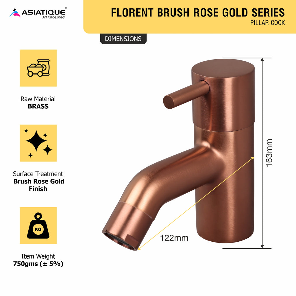 Asiatique Pillar Cock (FRG-000 M) | Premium Rose Gold Bathroom Fittings | Florent Brush Rose Gold Series