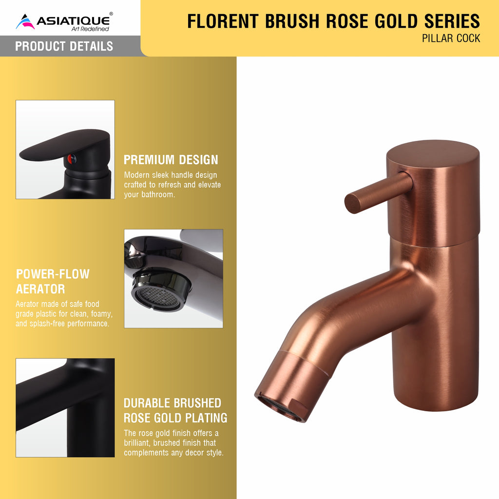 Asiatique Pillar Cock (FRG-000 M) | Premium Rose Gold Bathroom Fittings | Florent Brush Rose Gold Series
