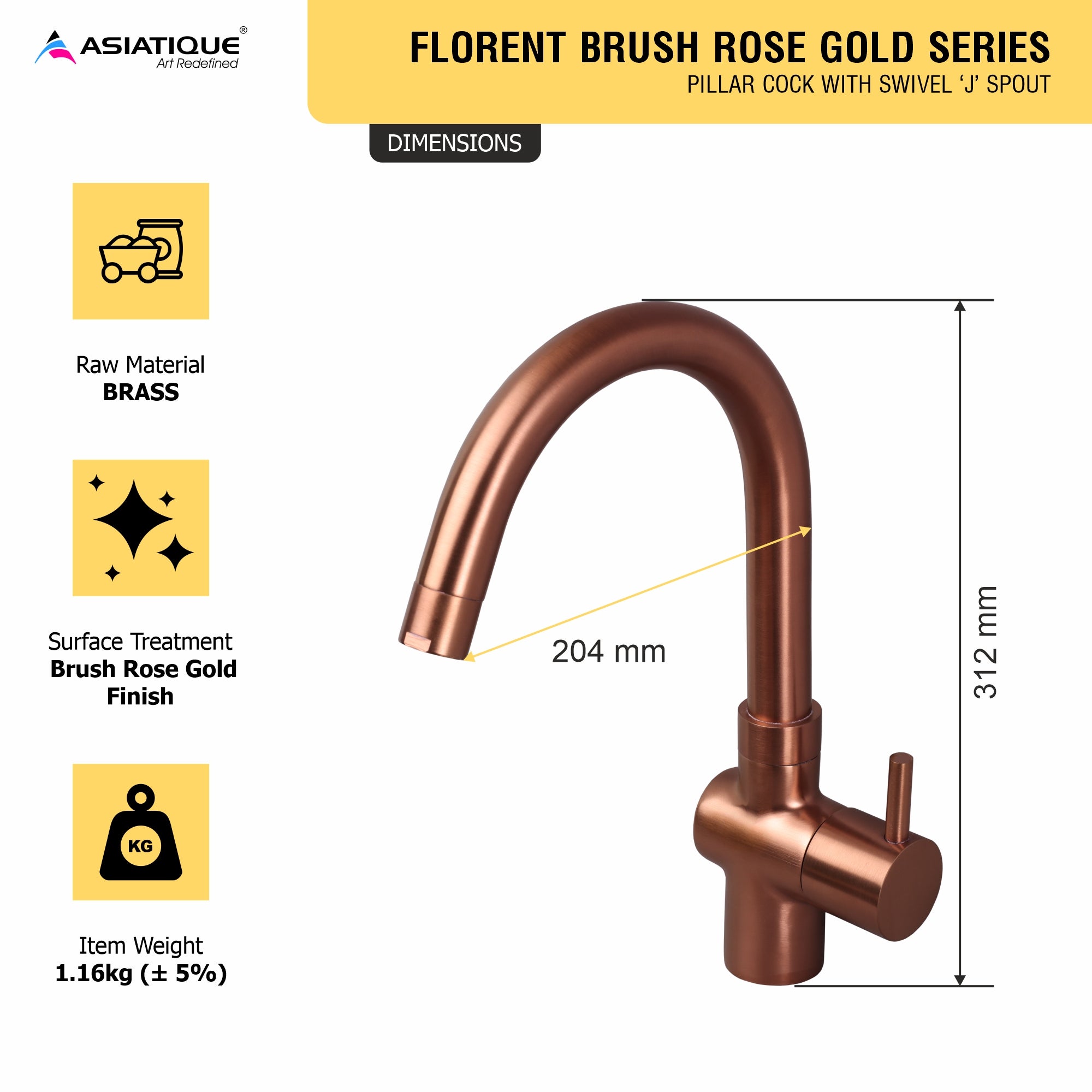 Asiatique Pillar Cock With Swivel ‘J’ Spout (FRG-002 M) | Premium Rose Gold Bathroom Fittings | Florent Brush Rose Gold Series