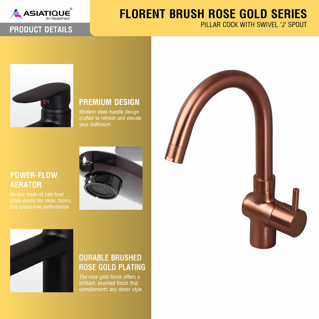 Asiatique Pillar Cock With Swivel ‘J’ Spout (FRG-002 M) | Premium Rose Gold Bathroom Fittings | Florent Brush Rose Gold Series