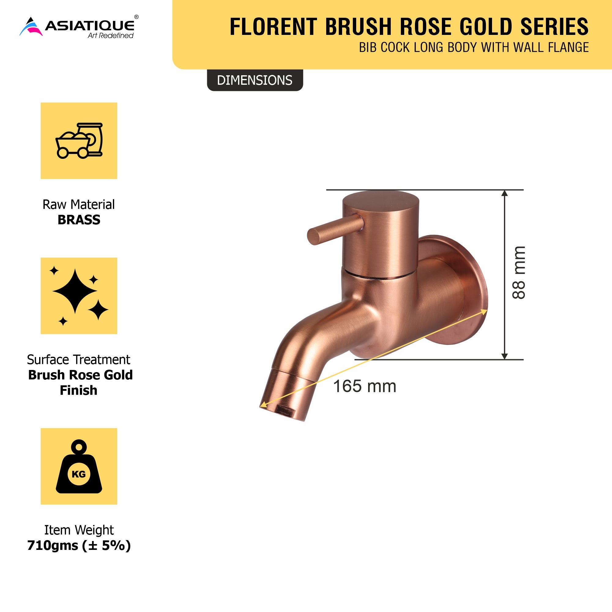 Asiatique Bib Cock Long Body With Wall Flange (FRG-004 M) | Premium Rose Gold Bathroom Fittings | Florent Brush Rose Gold Series