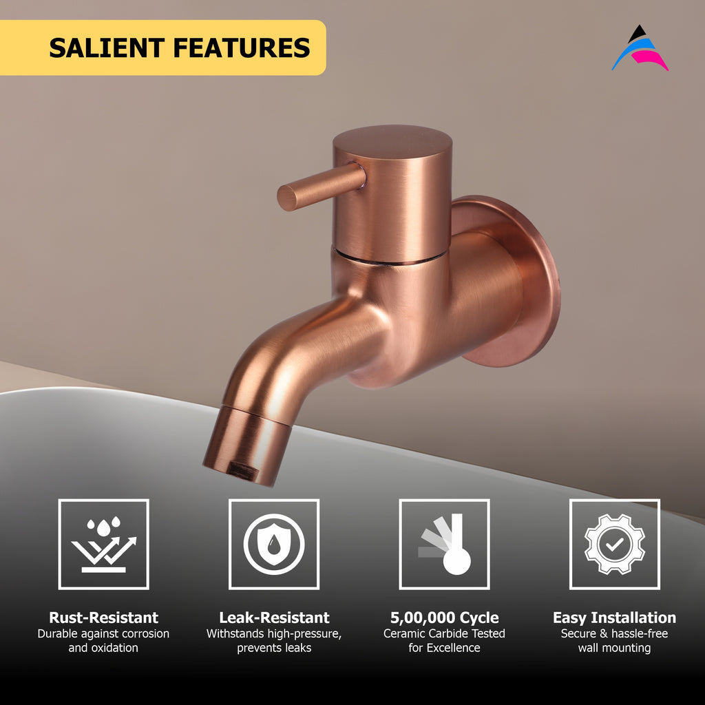 Asiatique Bib Cock Long Body With Wall Flange (FRG-004 M) | Premium Rose Gold Bathroom Fittings | Florent Brush Rose Gold Series