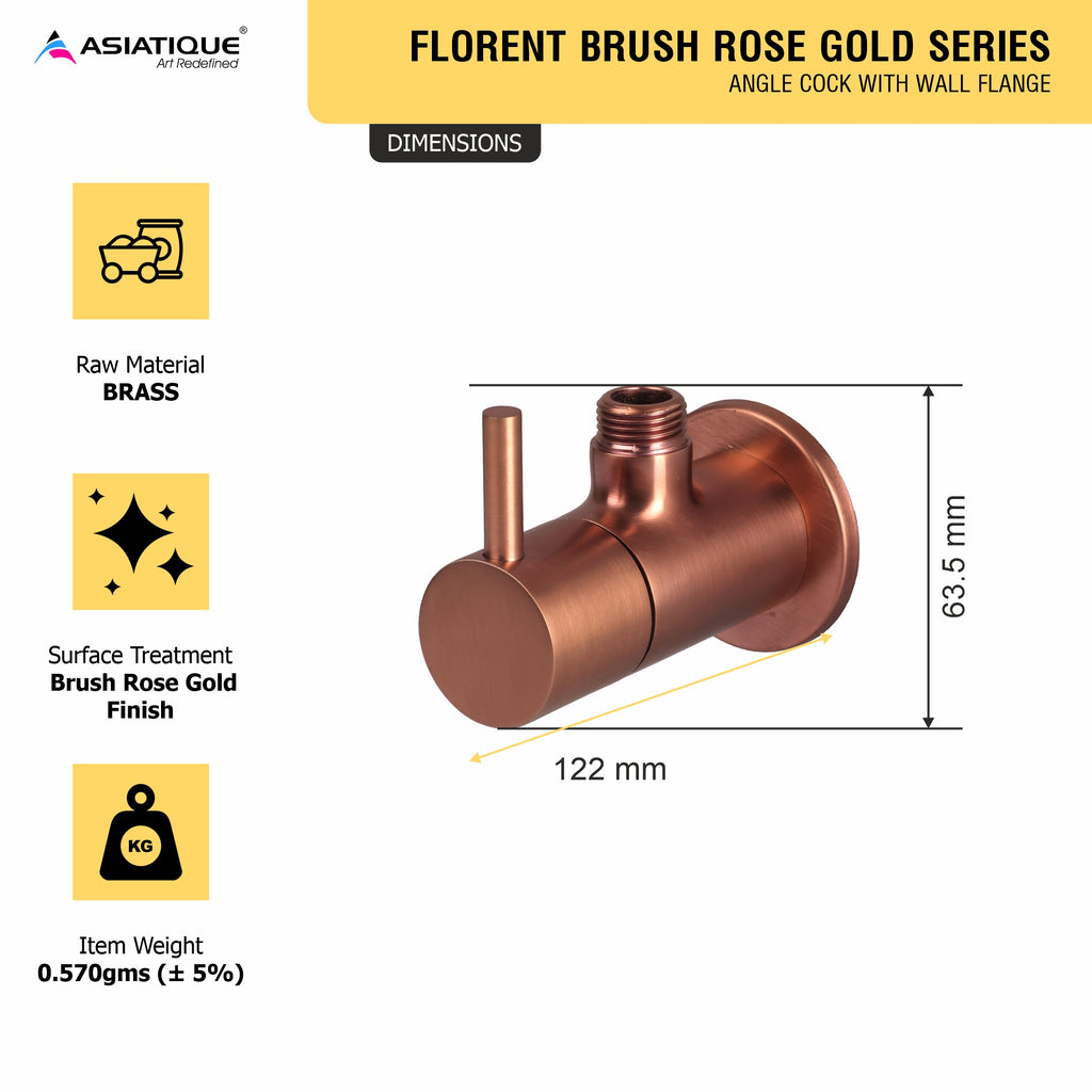 Asiatique Angle Cock With Wall Flange (FRG-005 M) | Premium Rose Gold Bathroom Fittings | Florent Brush Rose Gold Series