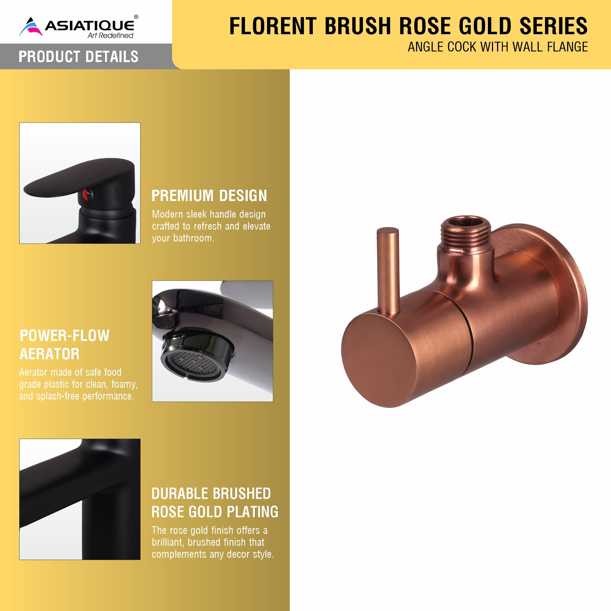 Asiatique Angle Cock With Wall Flange (FRG-005 M) | Premium Rose Gold Bathroom Fittings | Florent Brush Rose Gold Series