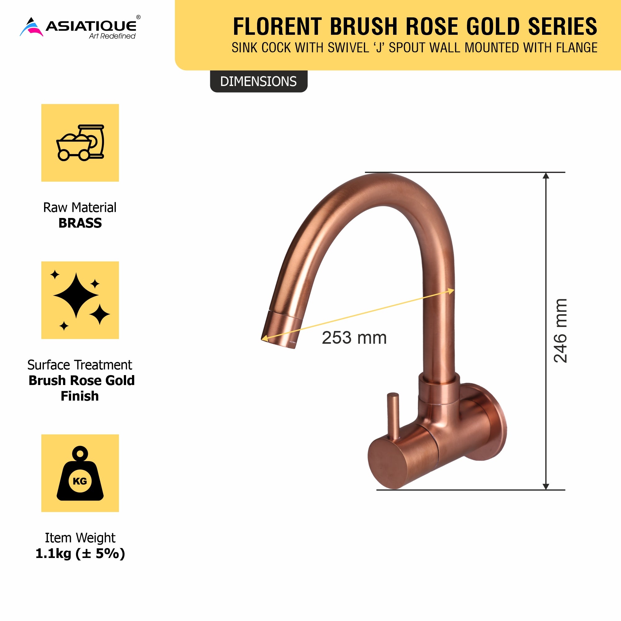 Asiatique Sink Cock With Swivel ‘J’ Spout Wall Mounted With Flange (FRG-008 M) | Premium Rose Gold Bathroom Fittings | Florent Brush Rose Gold Series