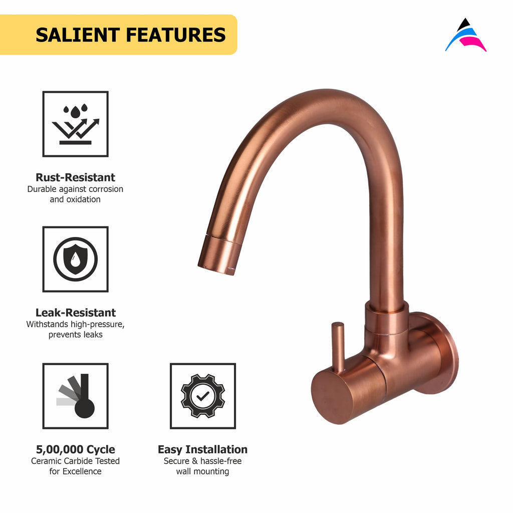 Asiatique Sink Cock With Swivel ‘J’ Spout Wall Mounted With Flange (FRG-008 M) | Premium Rose Gold Bathroom Fittings | Florent Brush Rose Gold Series