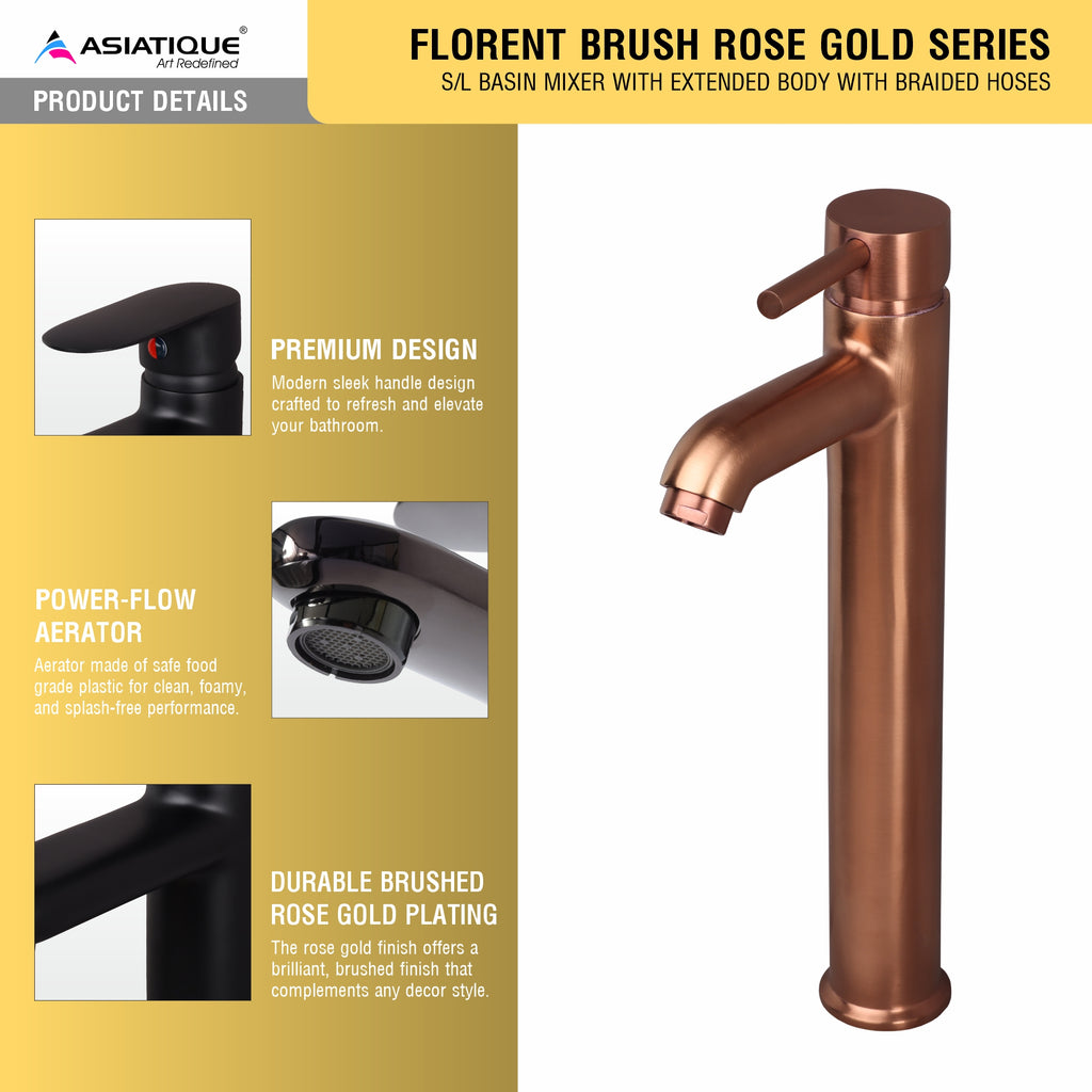 Asiatique S/L Basin Mixer With Extended Body With Braided Hoses (FRG-009EX M) | Premium Rose Gold Bathroom Fittings | Florent Brush Rose Gold Series