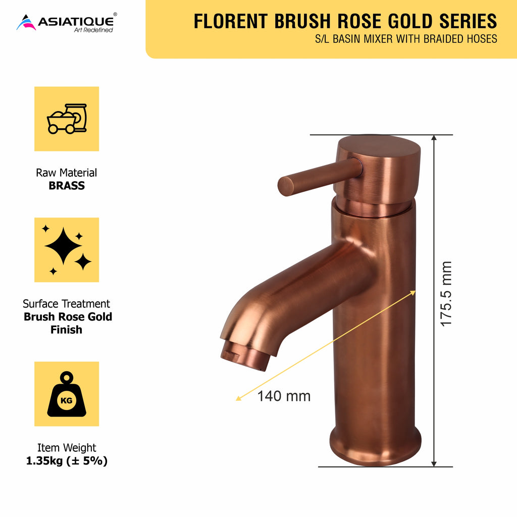 Asiatique S/L Basin Mixer With Braided Hoses (FRG-009 M) | Premium Rose Gold Bathroom Fittings | Florent Brush Rose Gold Series
