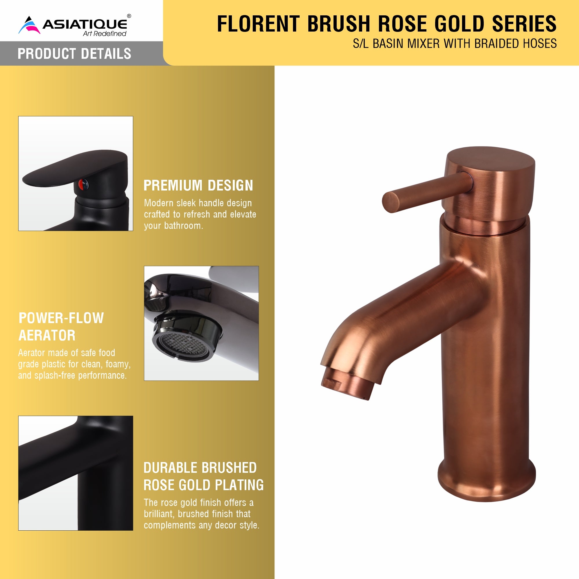 Asiatique S/L Basin Mixer With Braided Hoses (FRG-009 M) | Premium Rose Gold Bathroom Fittings | Florent Brush Rose Gold Series