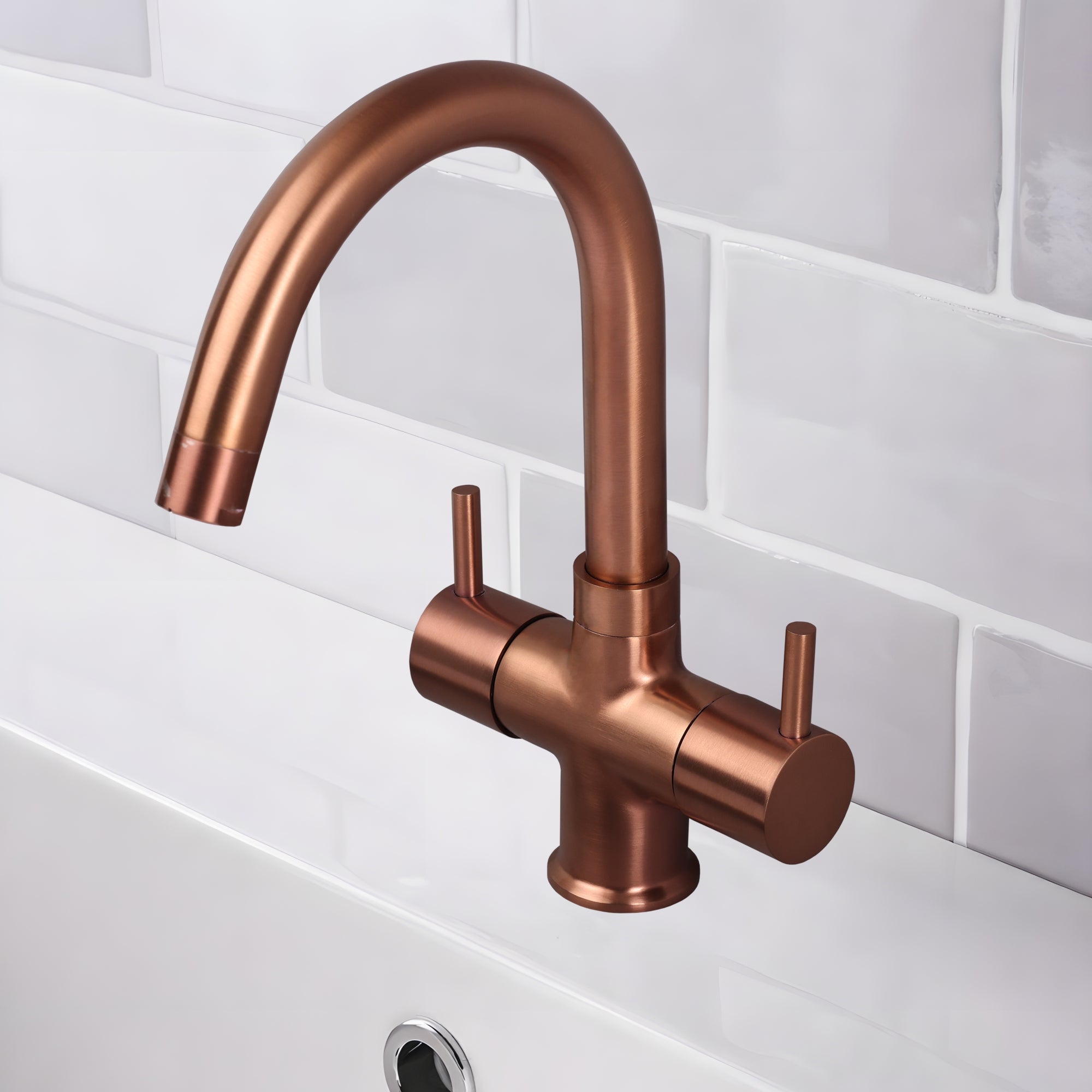 Asiatique C/H Basin Mixer With Swivel ‘J’ Spout (FRG-011 M) | Premium Rose Gold Bathroom Fittings | Florent Brush Rose Gold Series