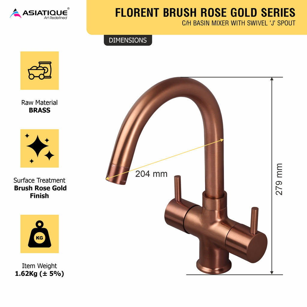 Asiatique C/H Basin Mixer With Swivel ‘J’ Spout (FRG-011 M) | Premium Rose Gold Bathroom Fittings | Florent Brush Rose Gold Series