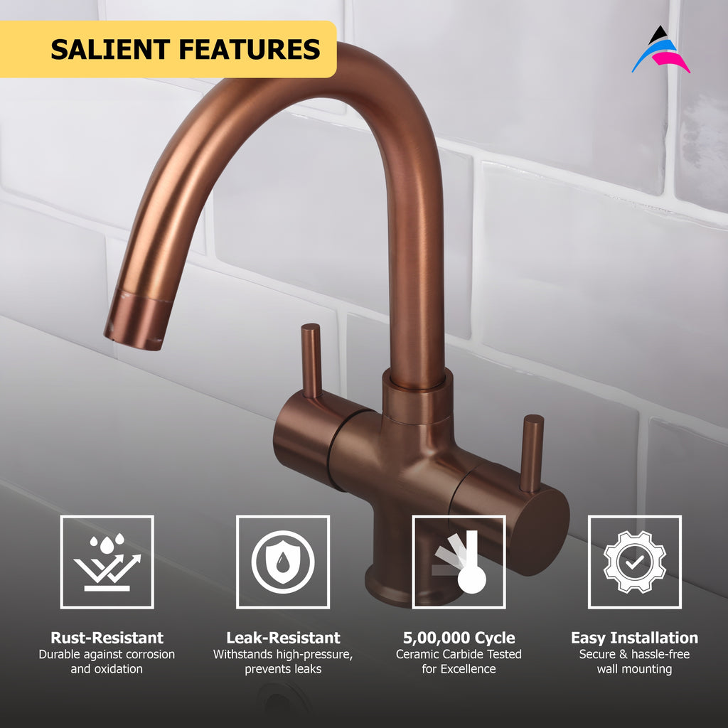 Asiatique C/H Basin Mixer With Swivel ‘J’ Spout (FRG-011 M) | Premium Rose Gold Bathroom Fittings | Florent Brush Rose Gold Series