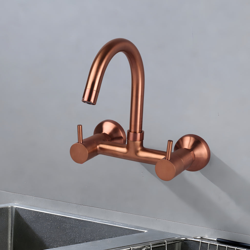 Asiatique Sink Mixer With Swivel ‘J’ Spout Wall Mounted (FRG-013 M) | Premium Rose Gold Bathroom Fittings | Florent Brush Rose Gold Series