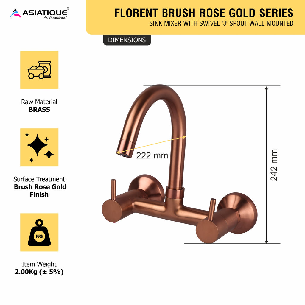 Asiatique Sink Mixer With Swivel ‘J’ Spout Wall Mounted (FRG-013 M) | Premium Rose Gold Bathroom Fittings | Florent Brush Rose Gold Series