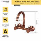 Asiatique Sink Mixer With Swivel ‘J’ Spout Wall Mounted (FRG-013 M) | Premium Rose Gold Bathroom Fittings | Florent Brush Rose Gold Series