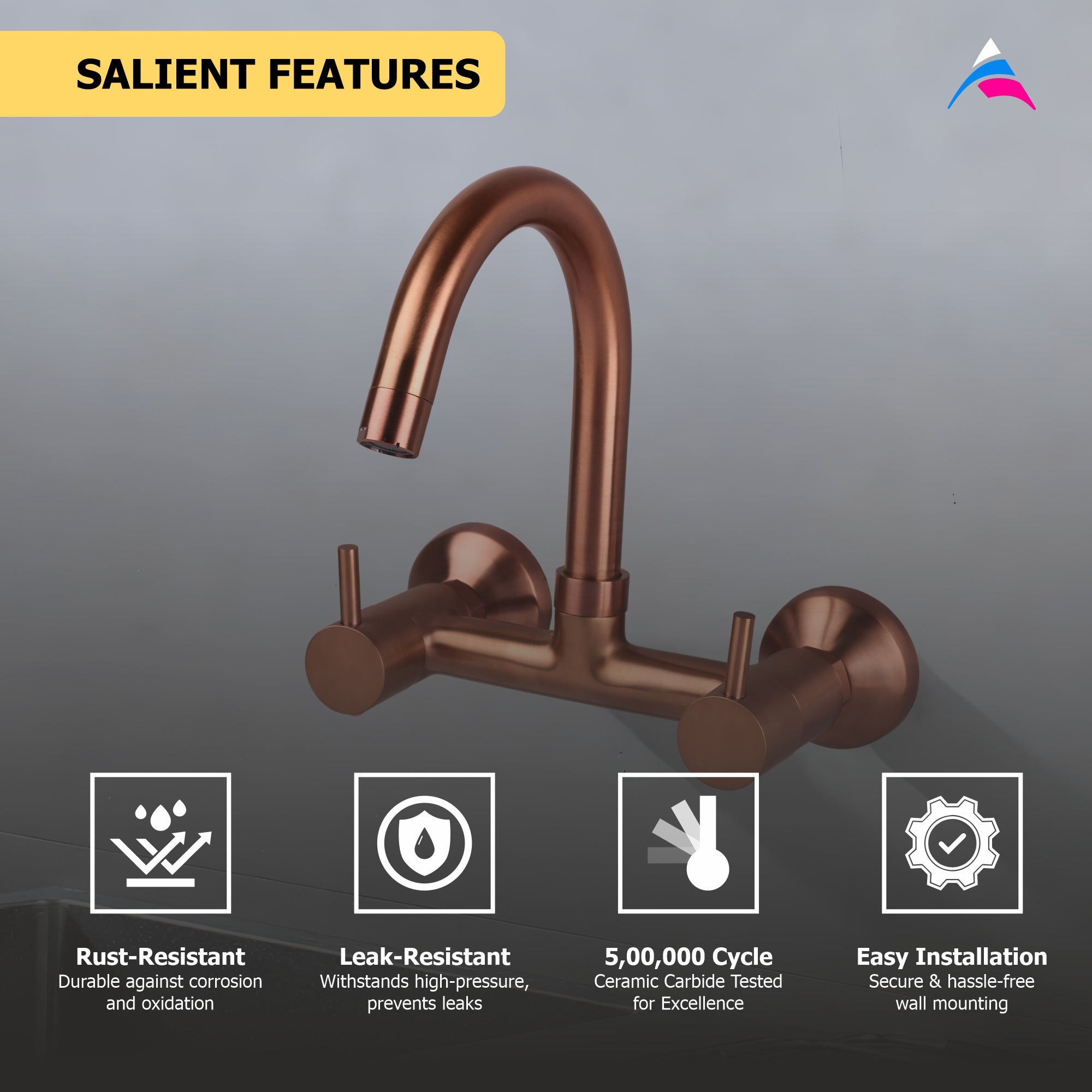 Asiatique Sink Mixer With Swivel ‘J’ Spout Wall Mounted (FRG-013 M) | Premium Rose Gold Bathroom Fittings | Florent Brush Rose Gold Series