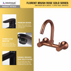 Asiatique Sink Mixer With Swivel ‘J’ Spout Wall Mounted (FRG-013 M) | Premium Rose Gold Bathroom Fittings | Florent Brush Rose Gold Series