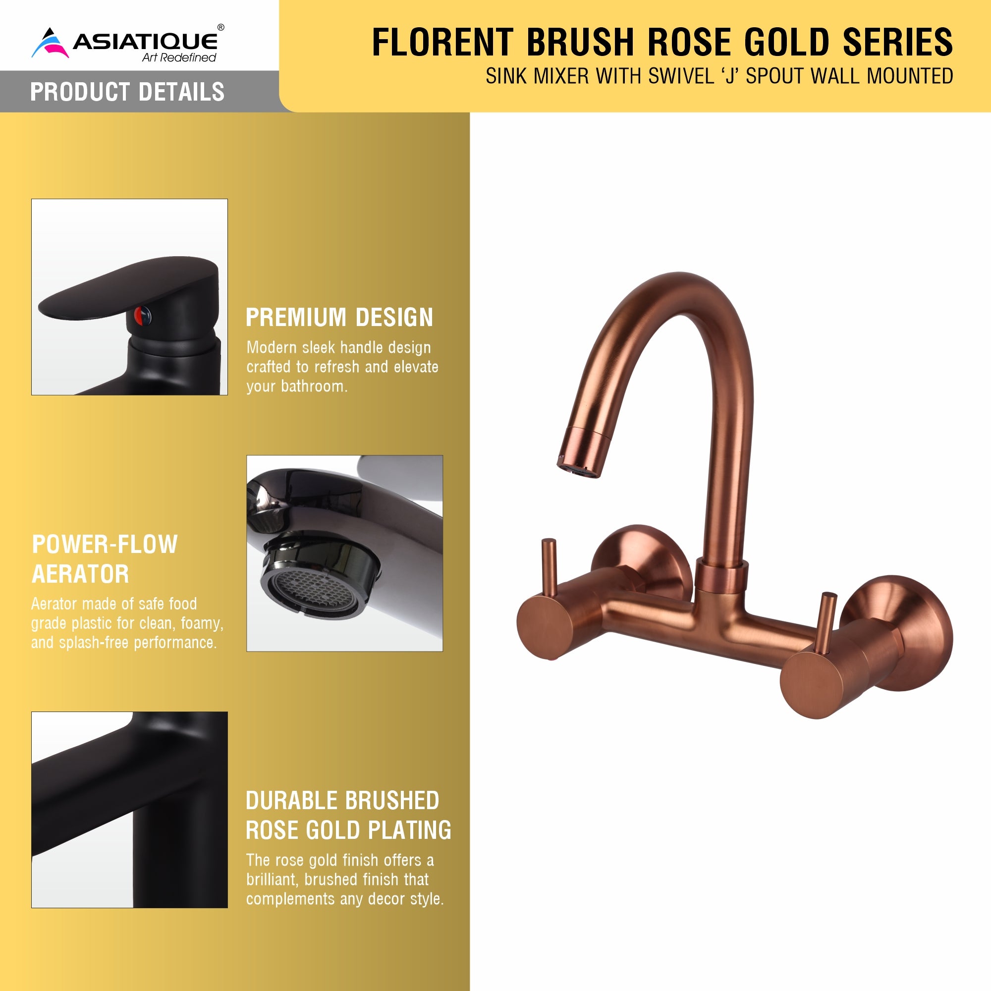 Asiatique Sink Mixer With Swivel ‘J’ Spout Wall Mounted (FRG-013 M) | Premium Rose Gold Bathroom Fittings | Florent Brush Rose Gold Series