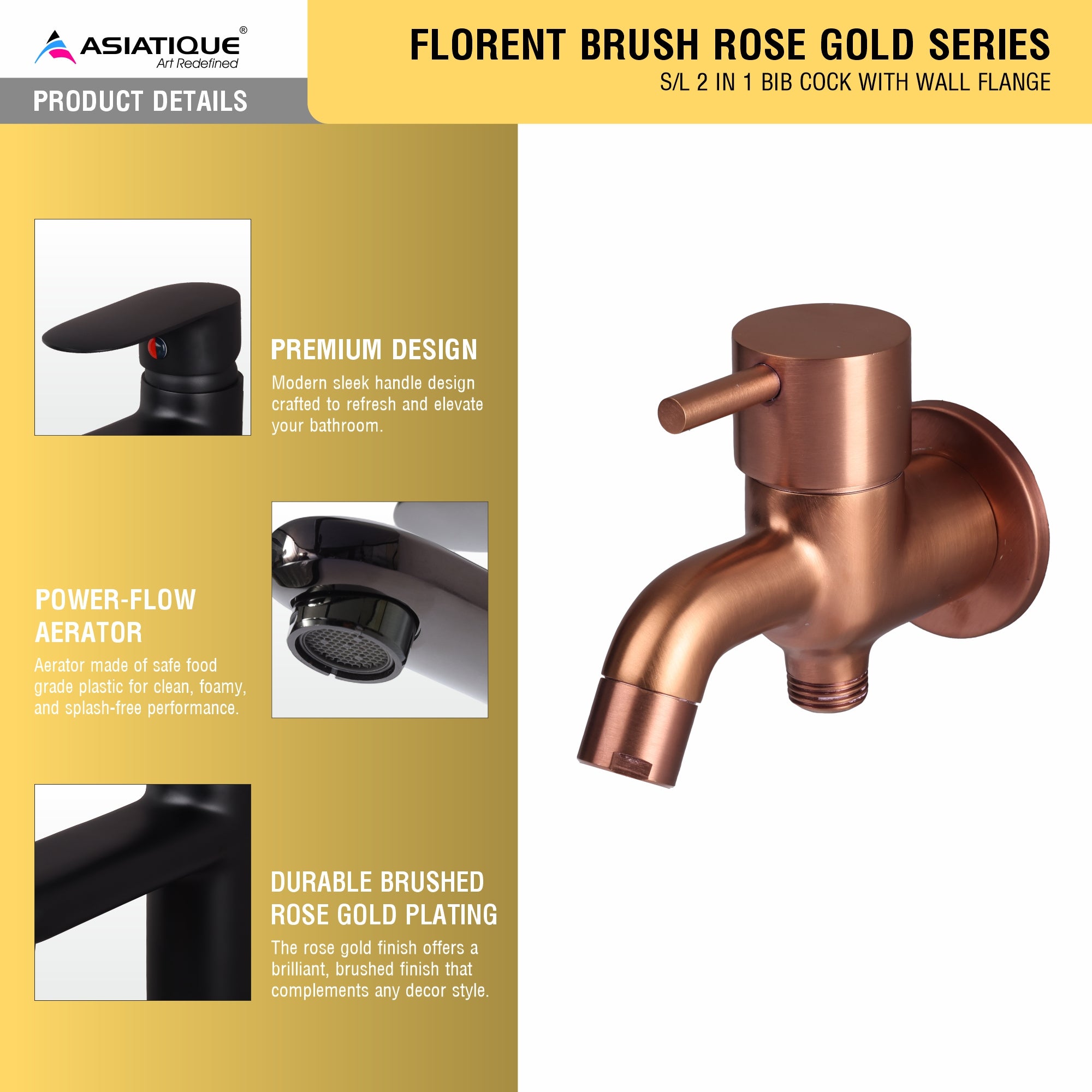 Asiatique Pillar Cock (FRG-015 S/L M) | Premium Rose Gold Bathroom Fittings | Florent Brush Rose Gold Series