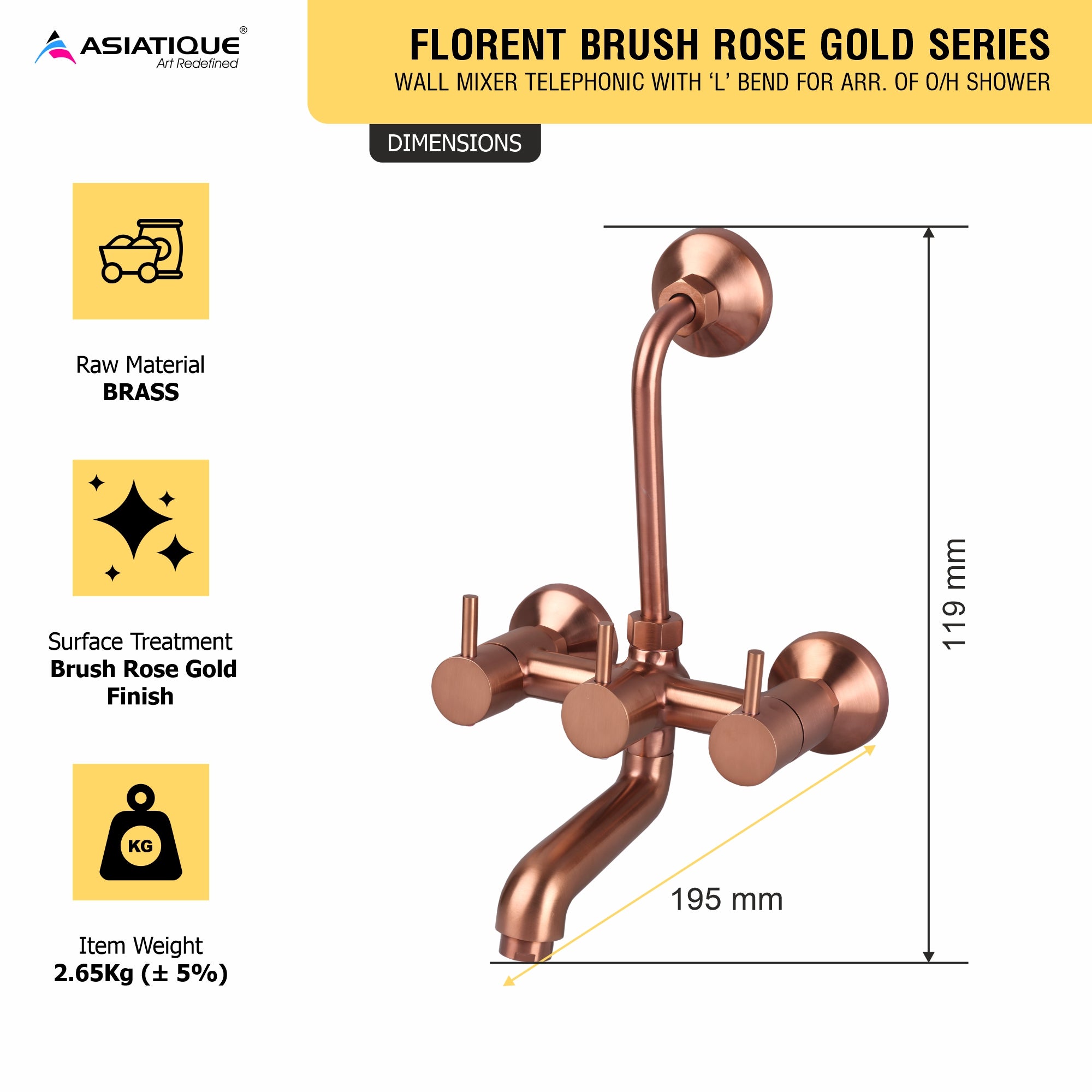 Asiatique Wall Mixer Telephonic With ‘L’ Bend for ARR. Of O/H Shower (FRG-017 M) | Premium Rose Gold Bathroom Fittings | Florent Brush Rose Gold Series