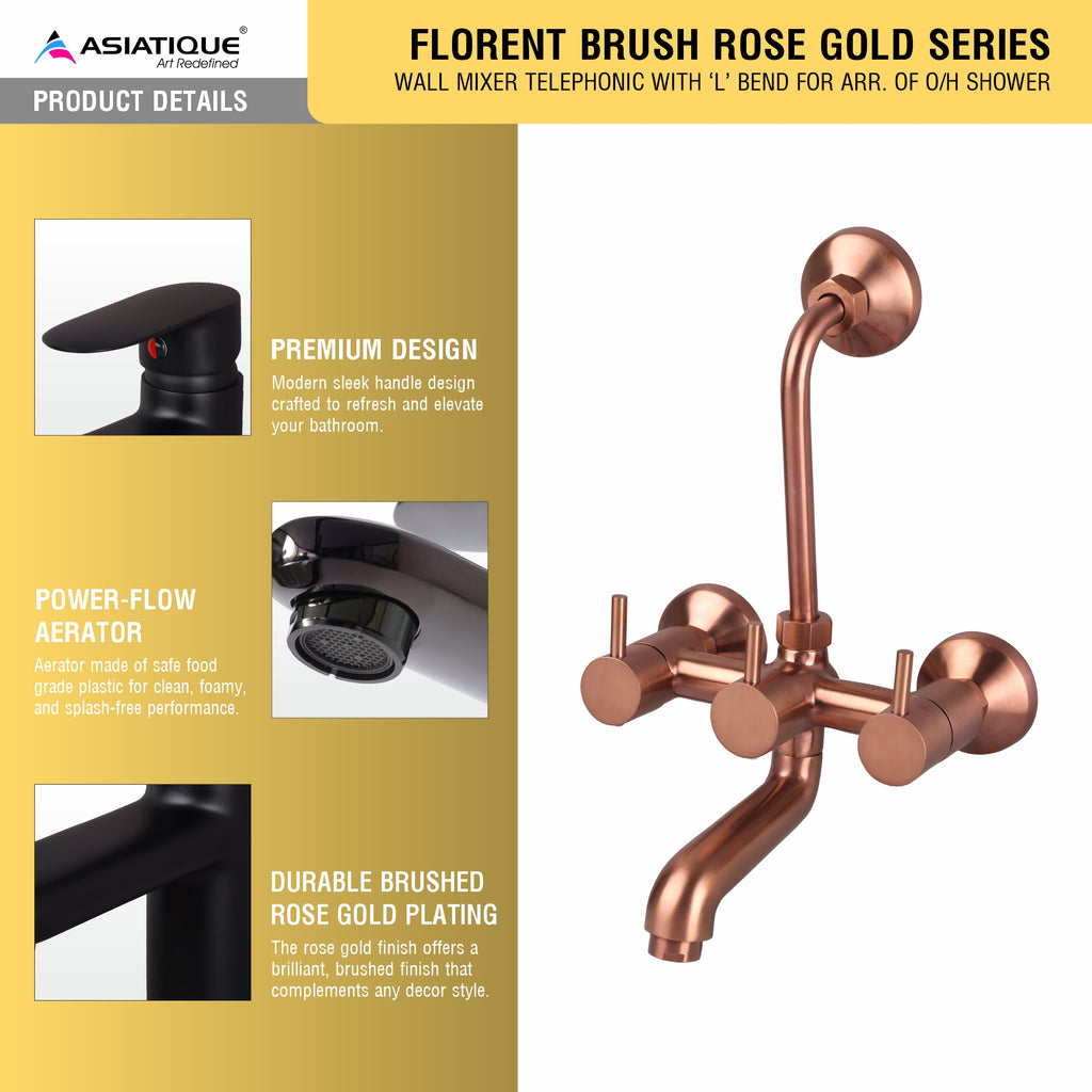 Asiatique Wall Mixer Telephonic With ‘L’ Bend for ARR. Of O/H Shower (FRG-017 M) | Premium Rose Gold Bathroom Fittings | Florent Brush Rose Gold Series