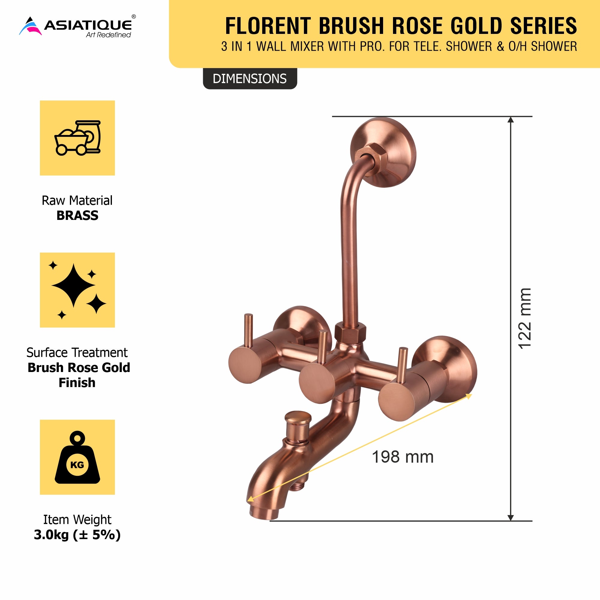 Asiatique 3 in 1 Wall Mixer With Pro. For Tele. Shower & O/H Shower (FRG-018 M) | Premium Rose Gold Bathroom Fittings | Florent Brush Rose Gold Series