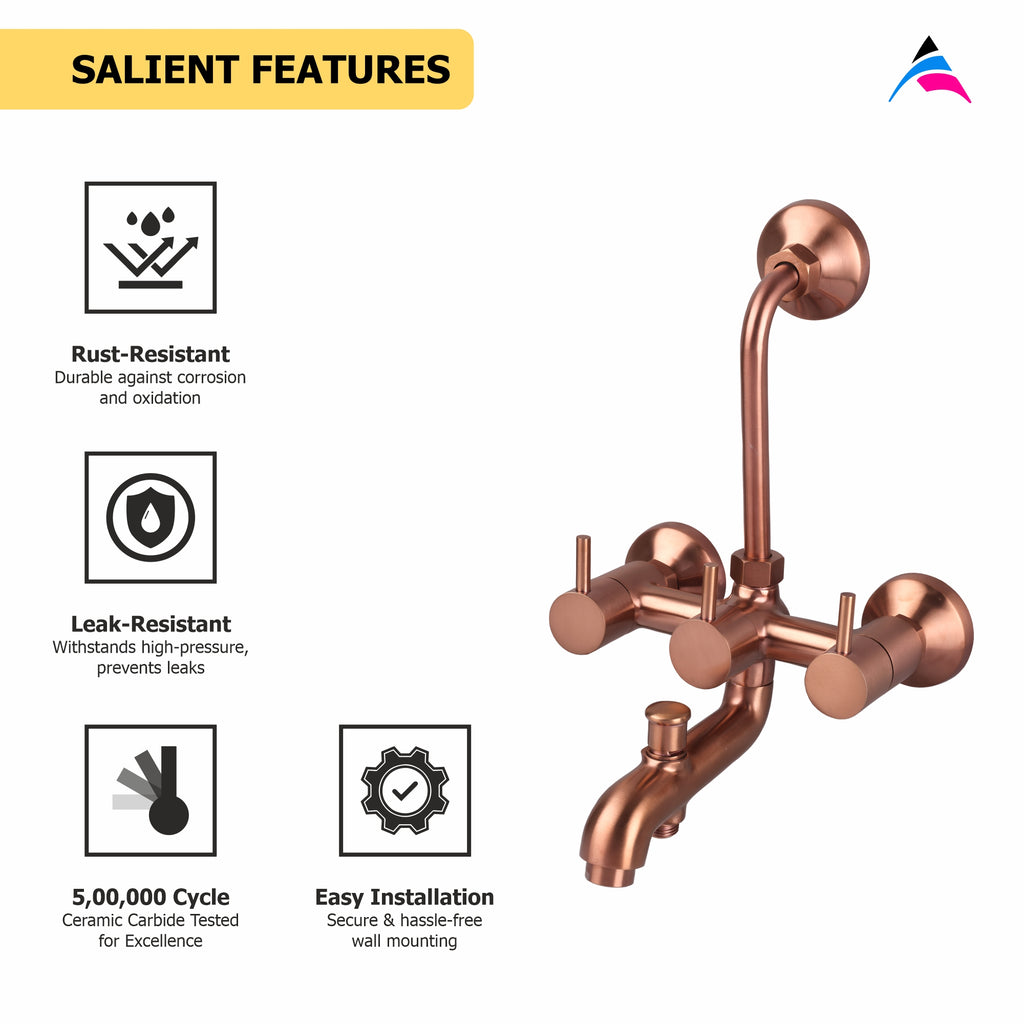 Asiatique 3 in 1 Wall Mixer With Pro. For Tele. Shower & O/H Shower (FRG-018 M) | Premium Rose Gold Bathroom Fittings | Florent Brush Rose Gold Series