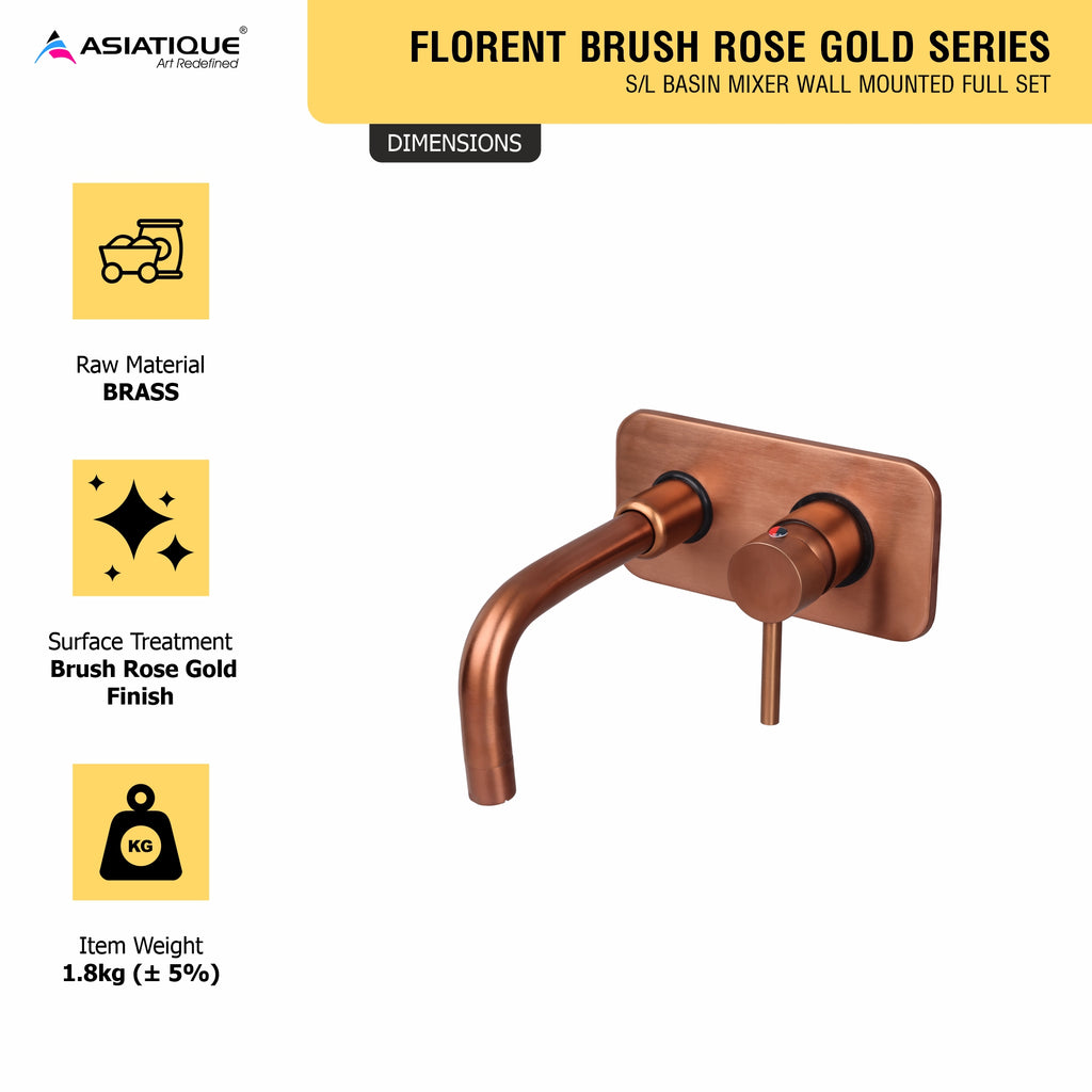 Asiatique S/L Basin Mixer Wall Mounted Full Set (FRG-019 M) | Premium Rose Gold Bathroom Fittings | Florent Brush Rose Gold Series
