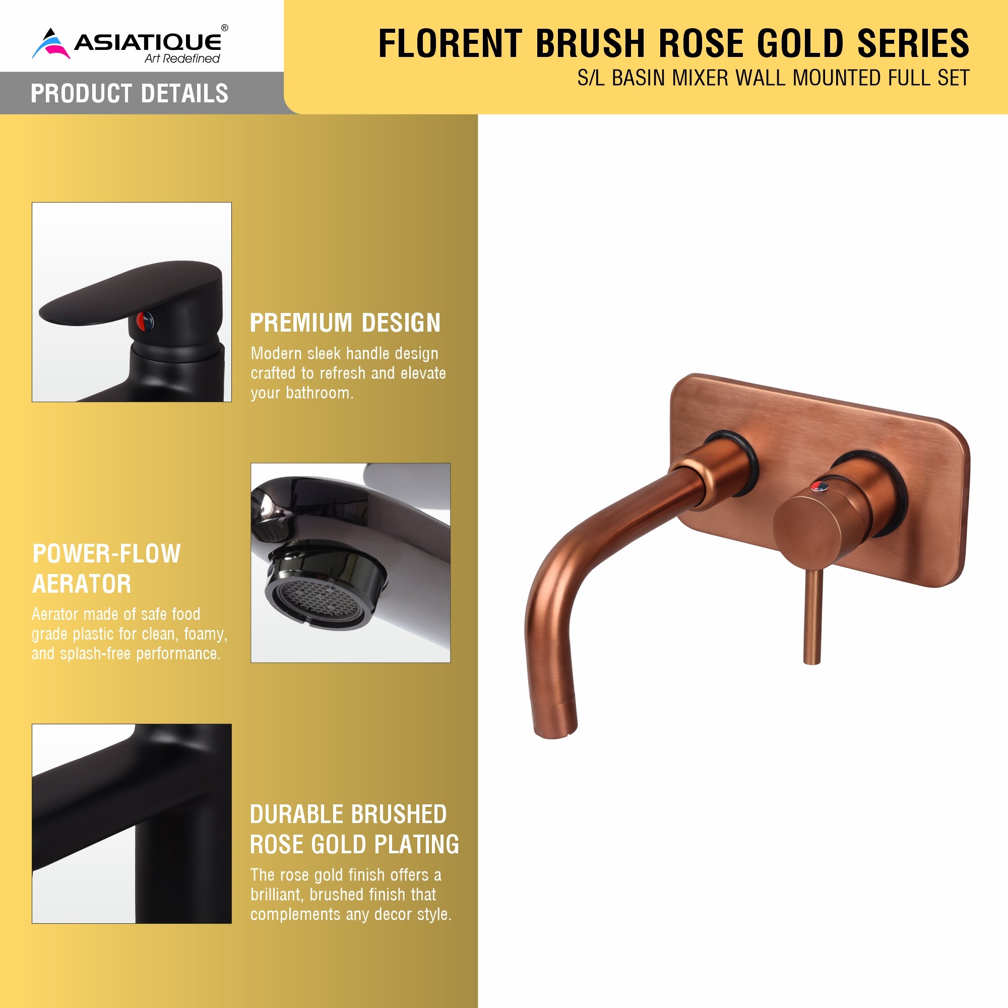 Asiatique S/L Basin Mixer Wall Mounted Full Set (FRG-019 M) | Premium Rose Gold Bathroom Fittings | Florent Brush Rose Gold Series