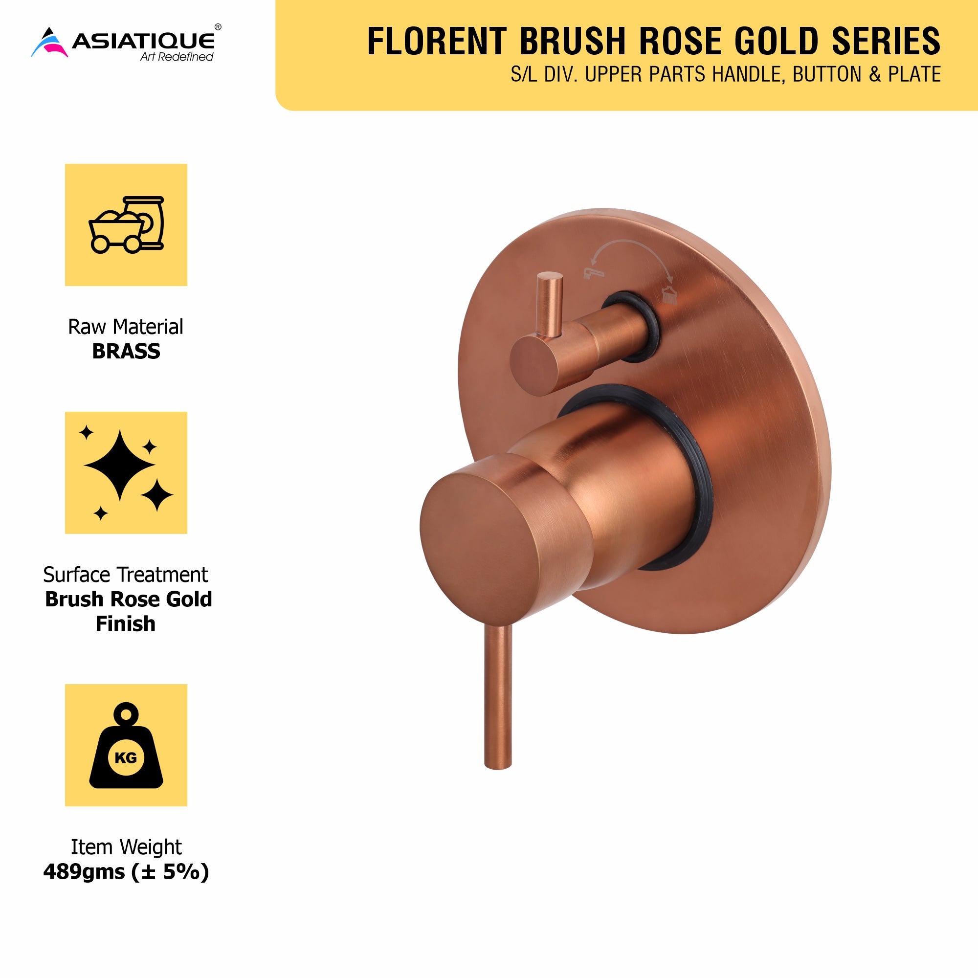 Asiatique S/L Div. Upper Parts Handle, Bu (FRG-024 M) | Premium Rose Gold Bathroom Fittings | Florent Brush Rose Gold Series