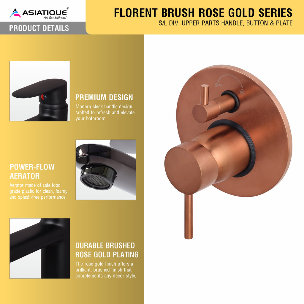 Asiatique S/L Div. Upper Parts Handle, Bu (FRG-024 M) | Premium Rose Gold Bathroom Fittings | Florent Brush Rose Gold Series