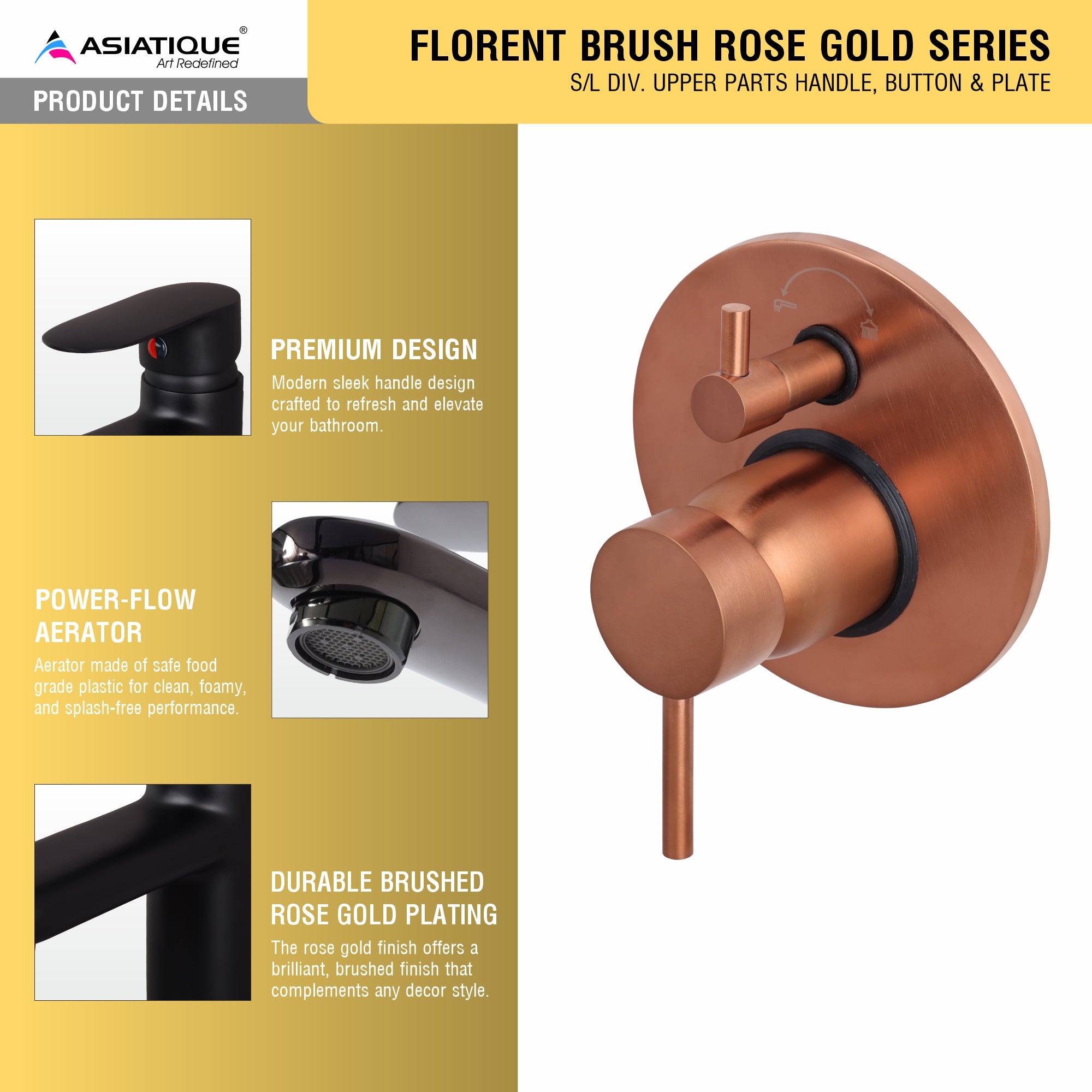 Asiatique S/L Div. Upper Parts Handle, Bu (FRG-024 M) | Premium Rose Gold Bathroom Fittings | Florent Brush Rose Gold Series