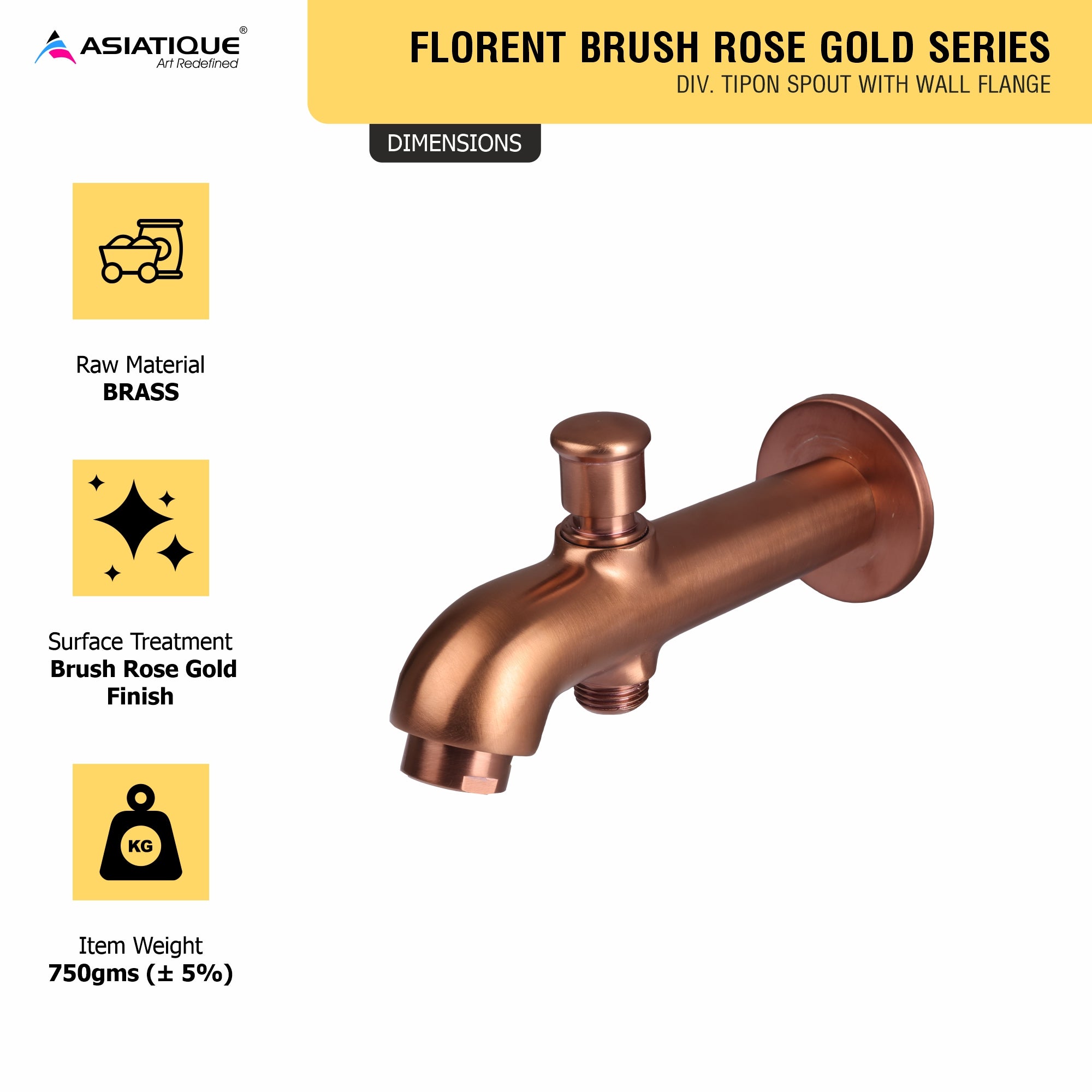 Asiatique Div. Tipon Spout With Wall Flange (FRG-026 M) | Premium Rose Gold Bathroom Fittings | Florent Brush Rose Gold Series