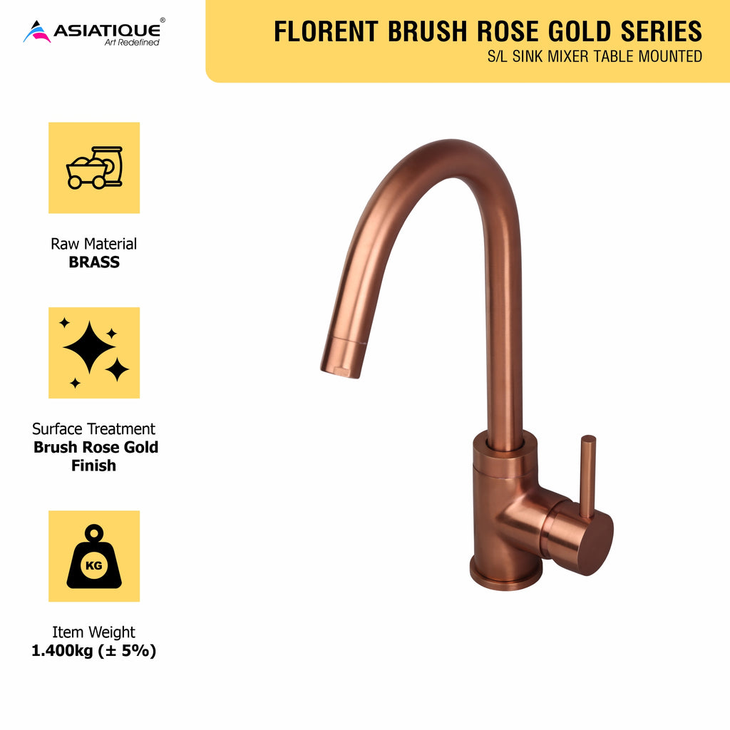 Asiatique S/L Sink Mixer Table Mounted (FRG-027 M) | Premium Rose Gold Bathroom Fittings | Florent Brush Rose Gold Series