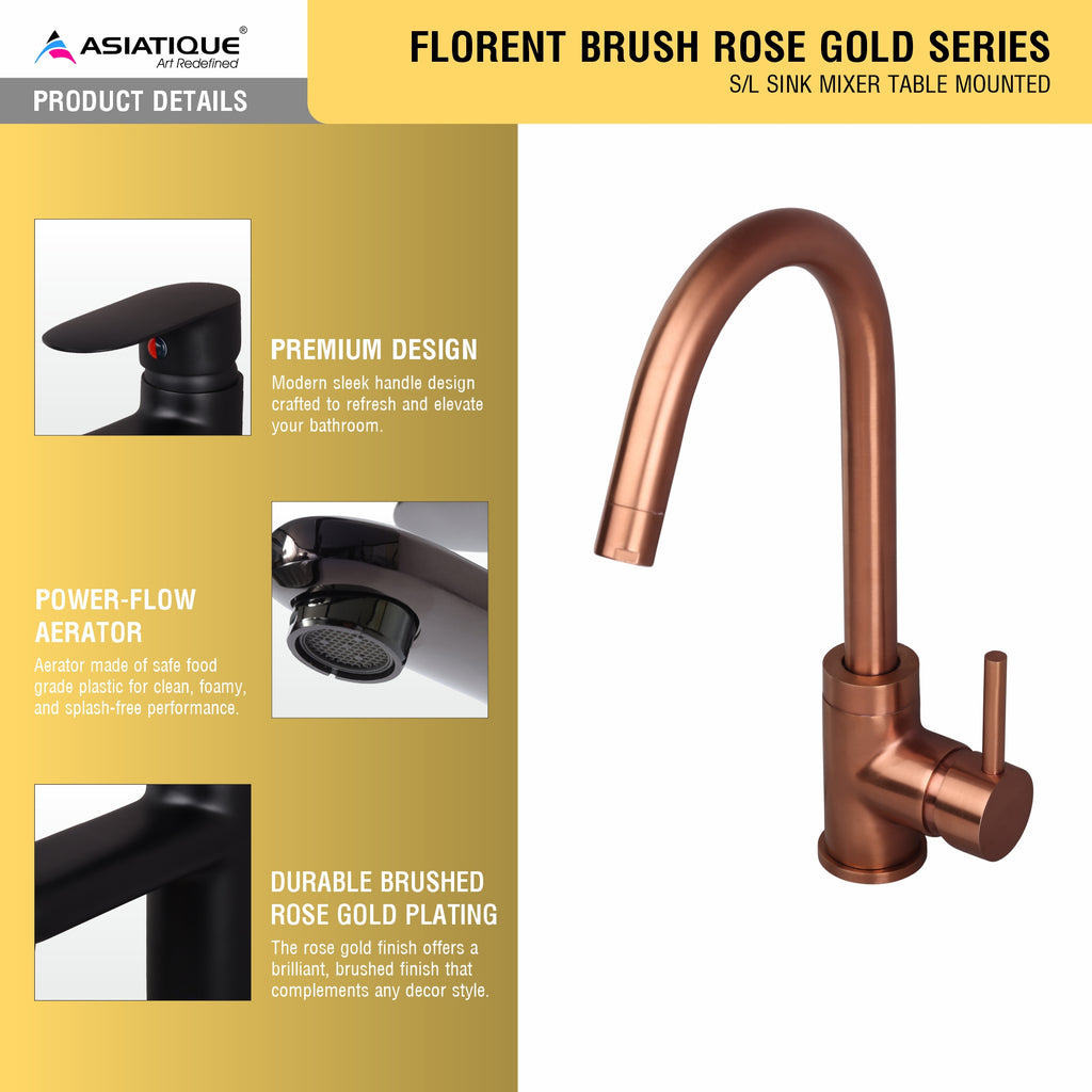 Asiatique S/L Sink Mixer Table Mounted (FRG-027 M) | Premium Rose Gold Bathroom Fittings | Florent Brush Rose Gold Series