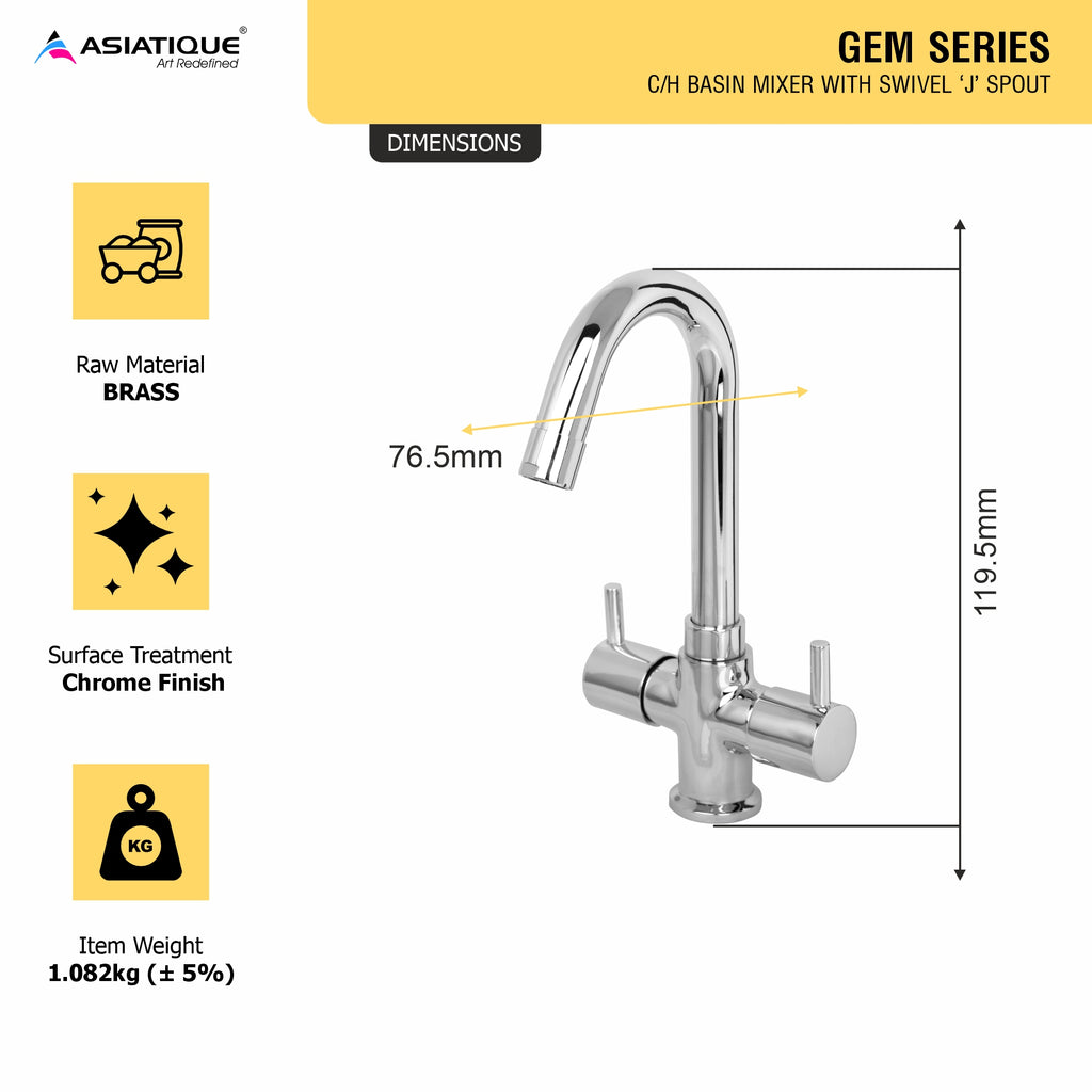 Asiatique C/H Basin Mixer With Swivel ‘J’ Spout (G-011), Gem Series Bathroom & Kitchen Faucets | Premium Modern Tap Collection