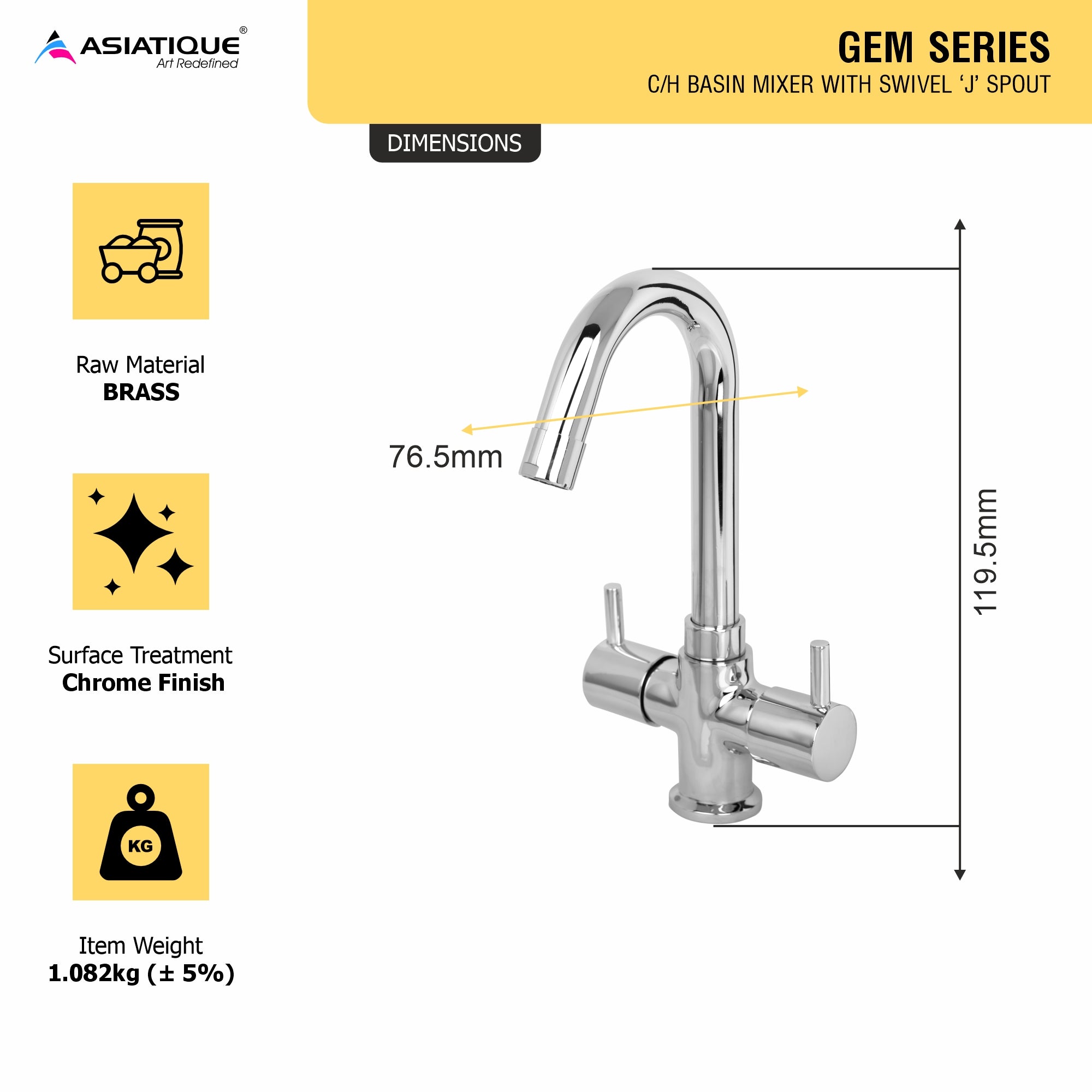 Asiatique C/H Basin Mixer With Swivel ‘J’ Spout (G-011), Gem Series Bathroom & Kitchen Faucets | Premium Modern Tap Collection