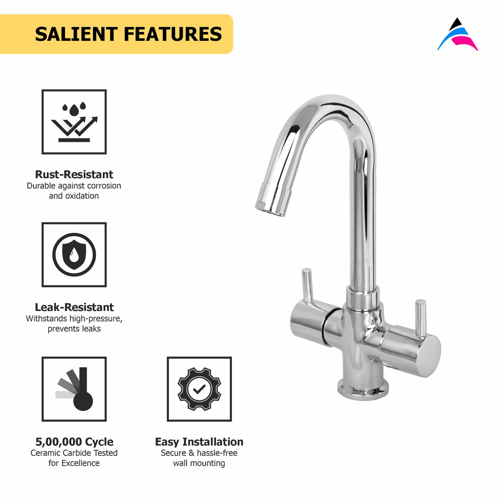 Asiatique C/H Basin Mixer With Swivel ‘J’ Spout (G-011), Gem Series Bathroom & Kitchen Faucets | Premium Modern Tap Collection