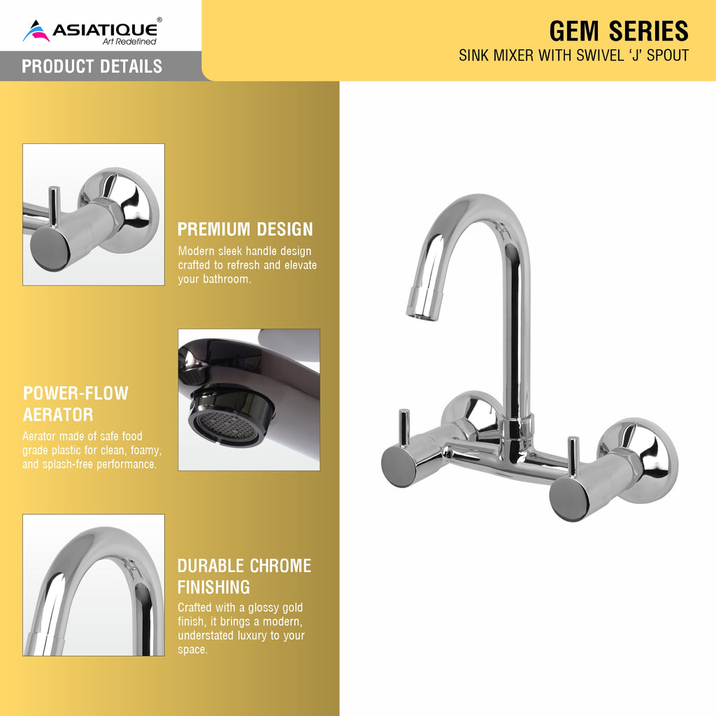 Asiatique Sink Mixer With Swivel ‘J’ Spout (G-013), Gem Series Bathroom & Kitchen Faucets | Premium Modern Tap Collection