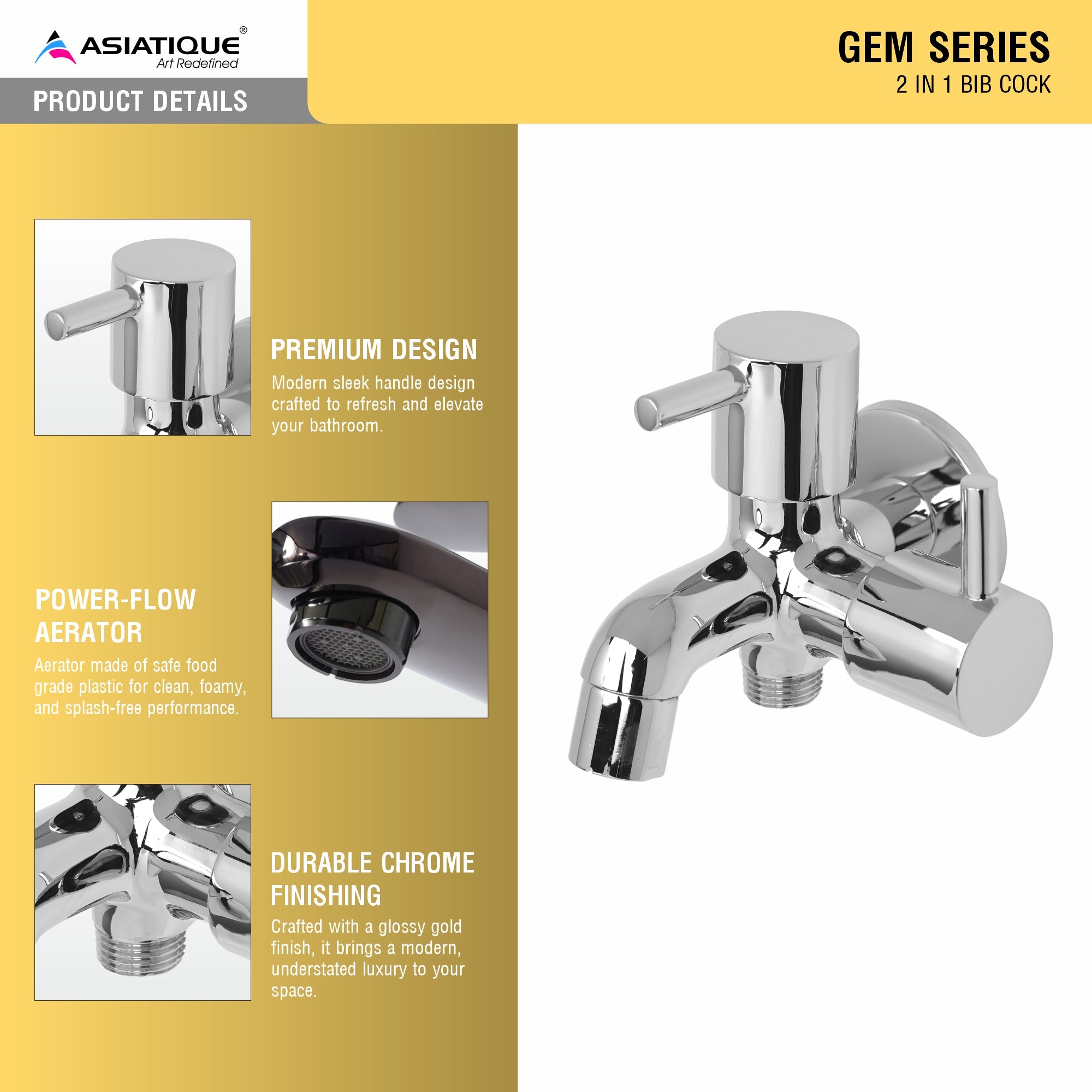 Asiatique 2 In 1 Bib Cock (G-015), Gem Series Bathroom & Kitchen Faucets | Premium Modern Tap Collection