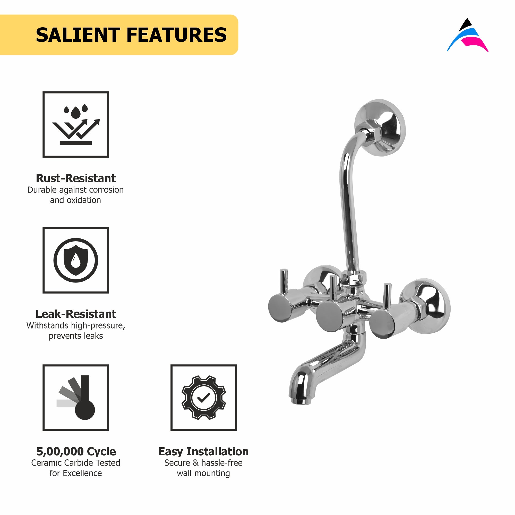 Asiatique Wall Mixer Tel. With ‘L’ Bend For Arr. of O/H Shower (G-017), Gem Series Bathroom & Kitchen Faucets | Premium Modern Tap Collection