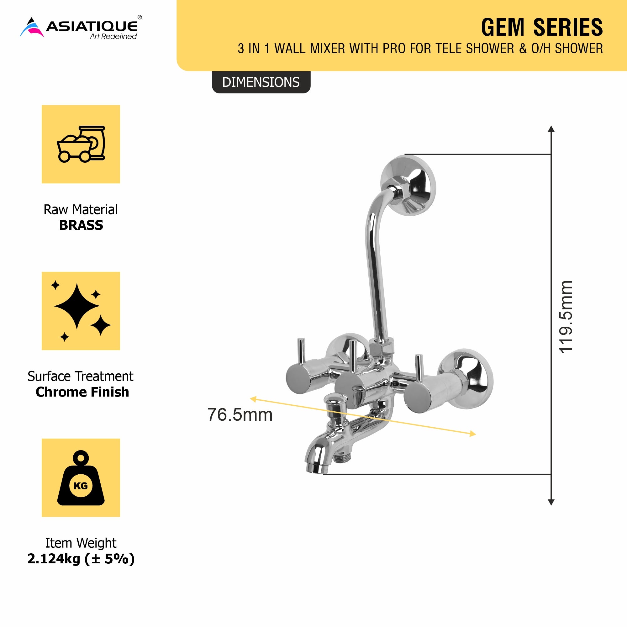 Asiatique 3 In 1 Wall Mixer With Pro. For Tele. Shower & O/H Shower (G-018), Gem Series Bathroom & Kitchen Faucets | Premium Modern Tap Collection