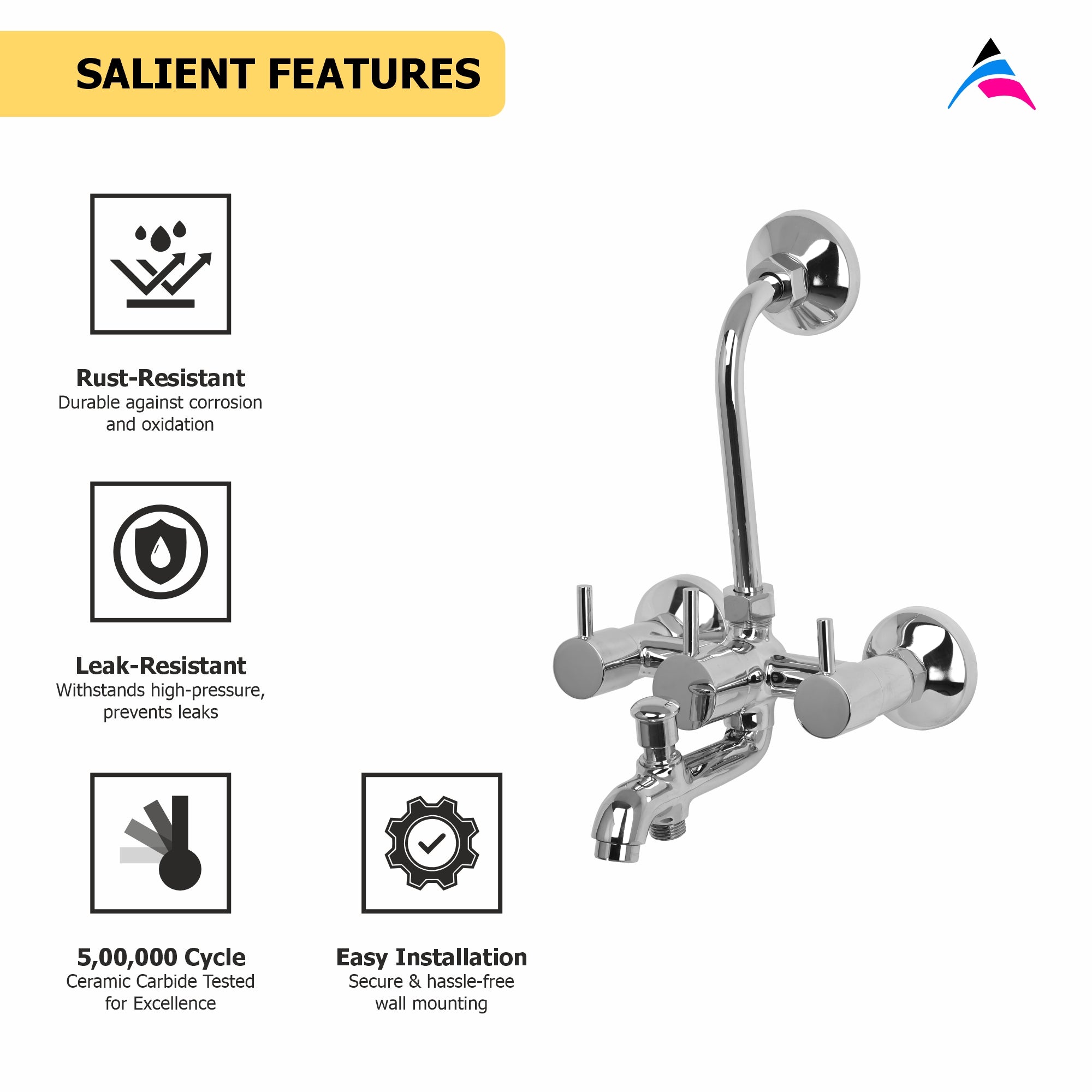 Asiatique 3 In 1 Wall Mixer With Pro. For Tele. Shower & O/H Shower (G-018), Gem Series Bathroom & Kitchen Faucets | Premium Modern Tap Collection