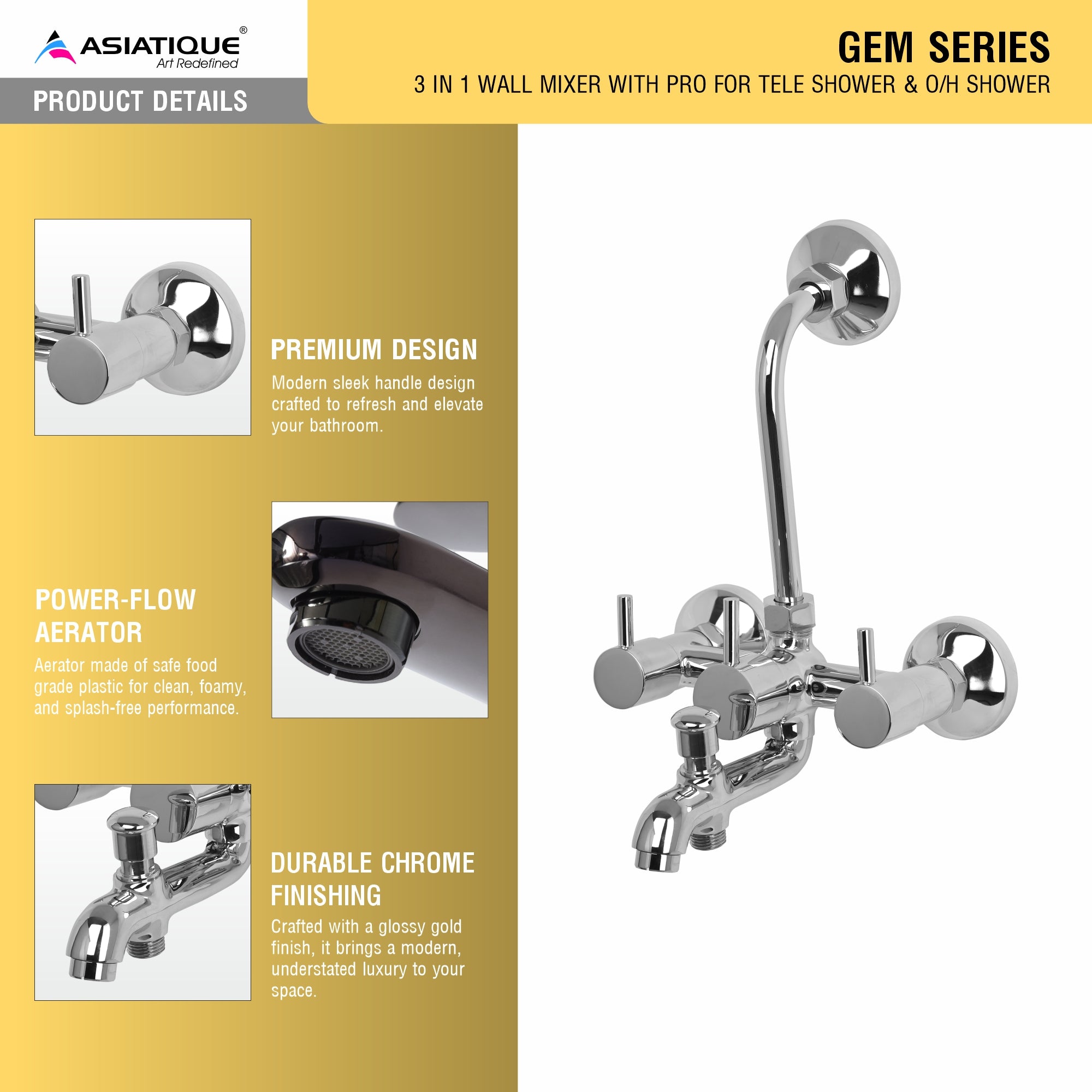 Asiatique 3 In 1 Wall Mixer With Pro. For Tele. Shower & O/H Shower (G-018), Gem Series Bathroom & Kitchen Faucets | Premium Modern Tap Collection